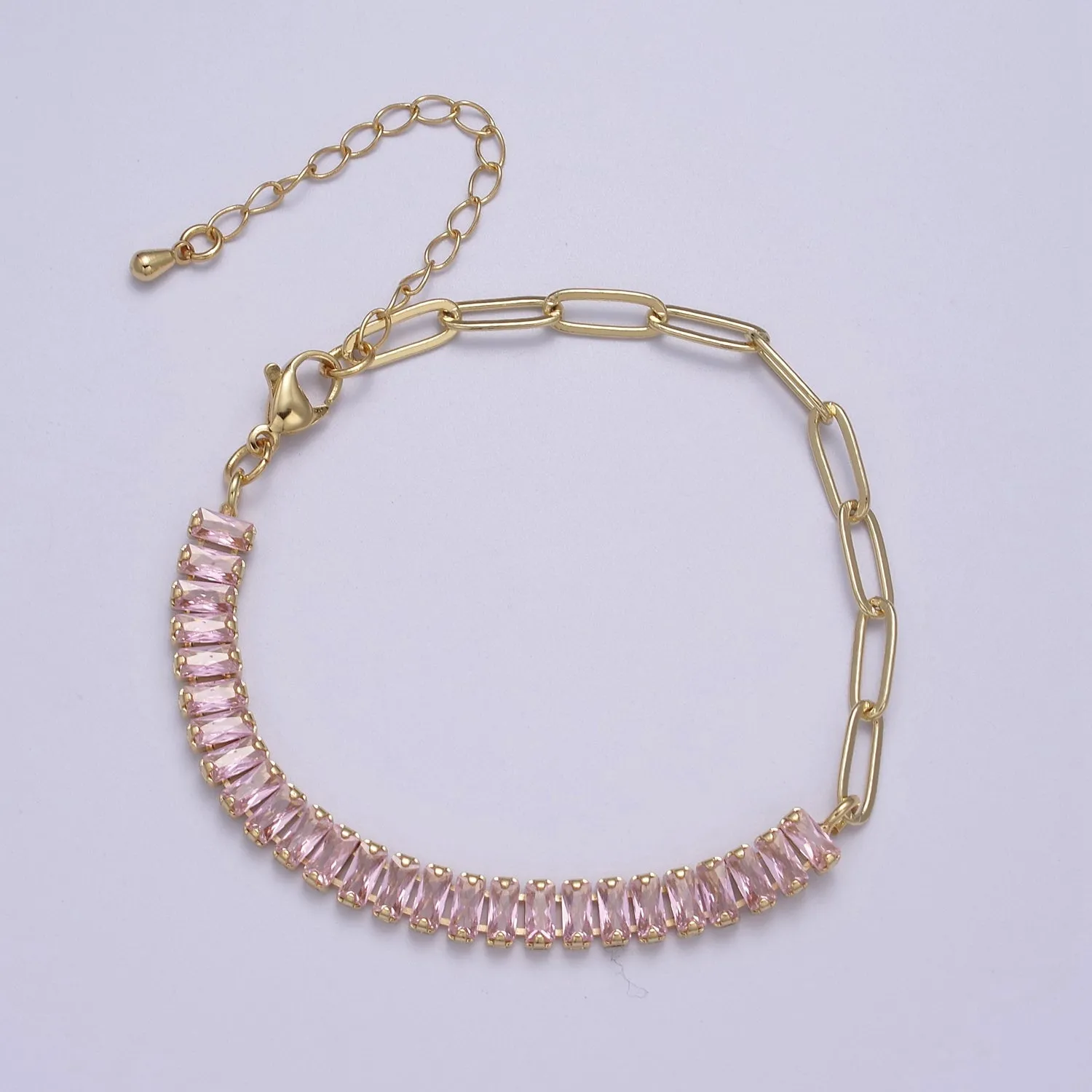 Dainty Half Baguette Tennis Half Paperclip Bracelet Gold Filled Tennis Bracelet, Cubic Zirconia Fusion Bracelet