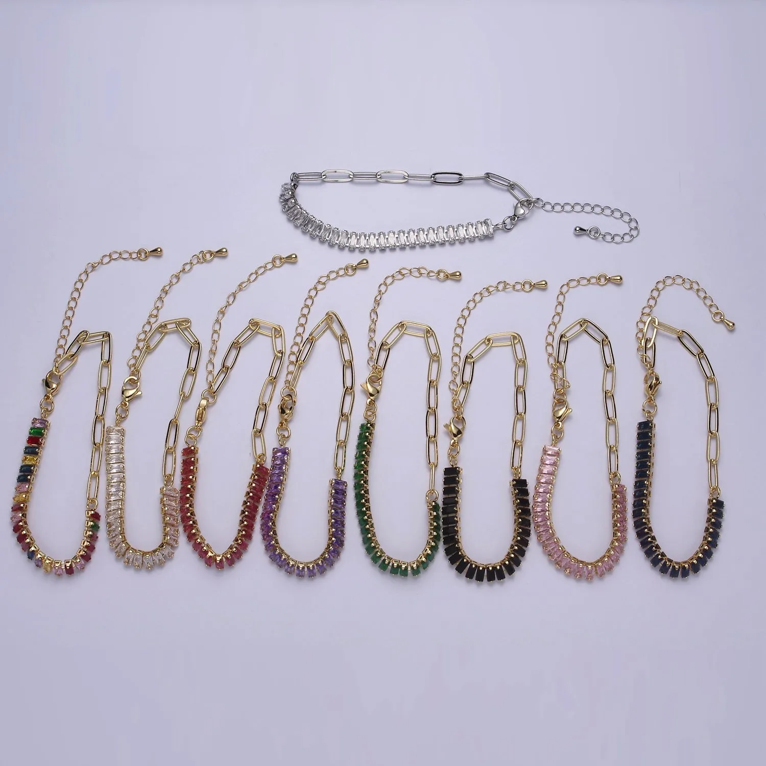 Dainty Half Baguette Tennis Half Paperclip Bracelet Gold Filled Tennis Bracelet, Cubic Zirconia Fusion Bracelet