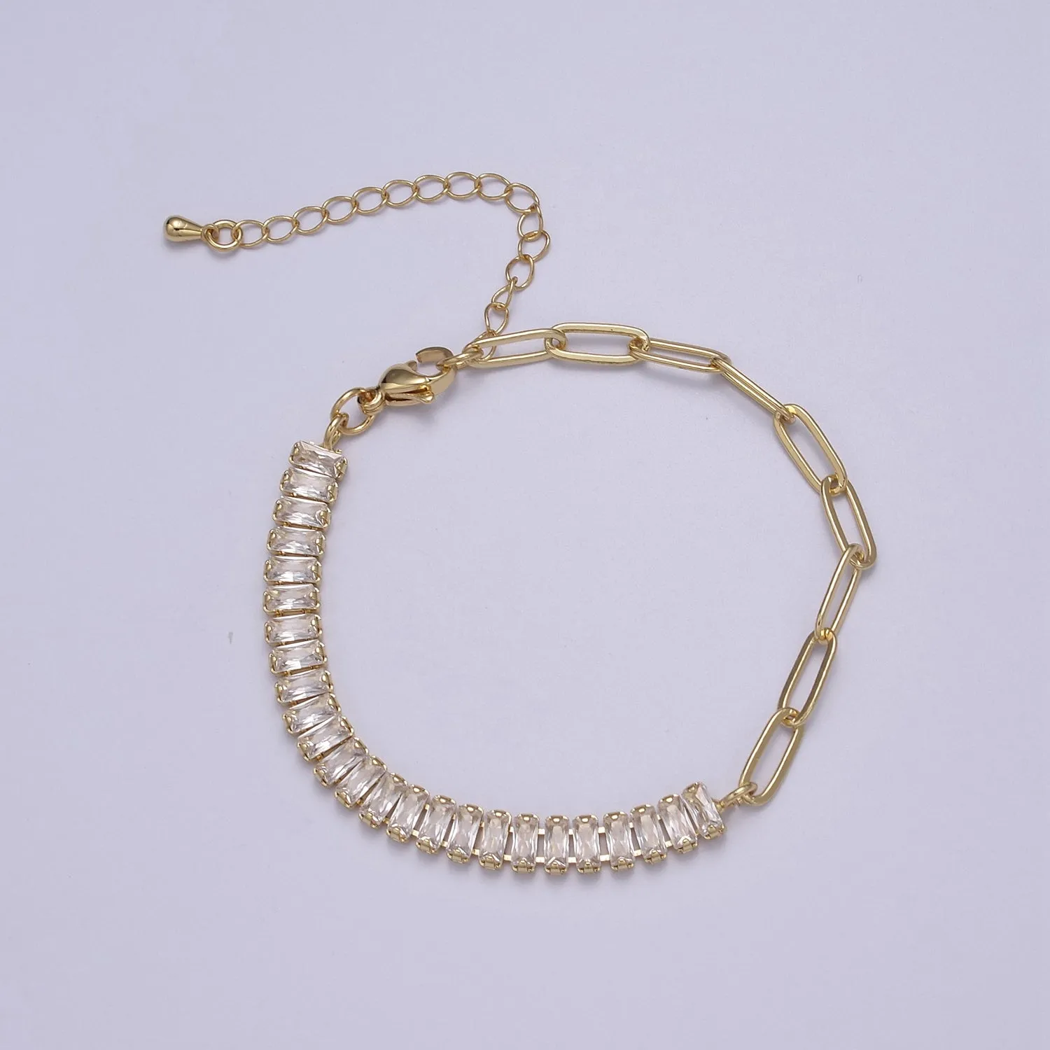 Dainty Half Baguette Tennis Half Paperclip Bracelet Gold Filled Tennis Bracelet, Cubic Zirconia Fusion Bracelet