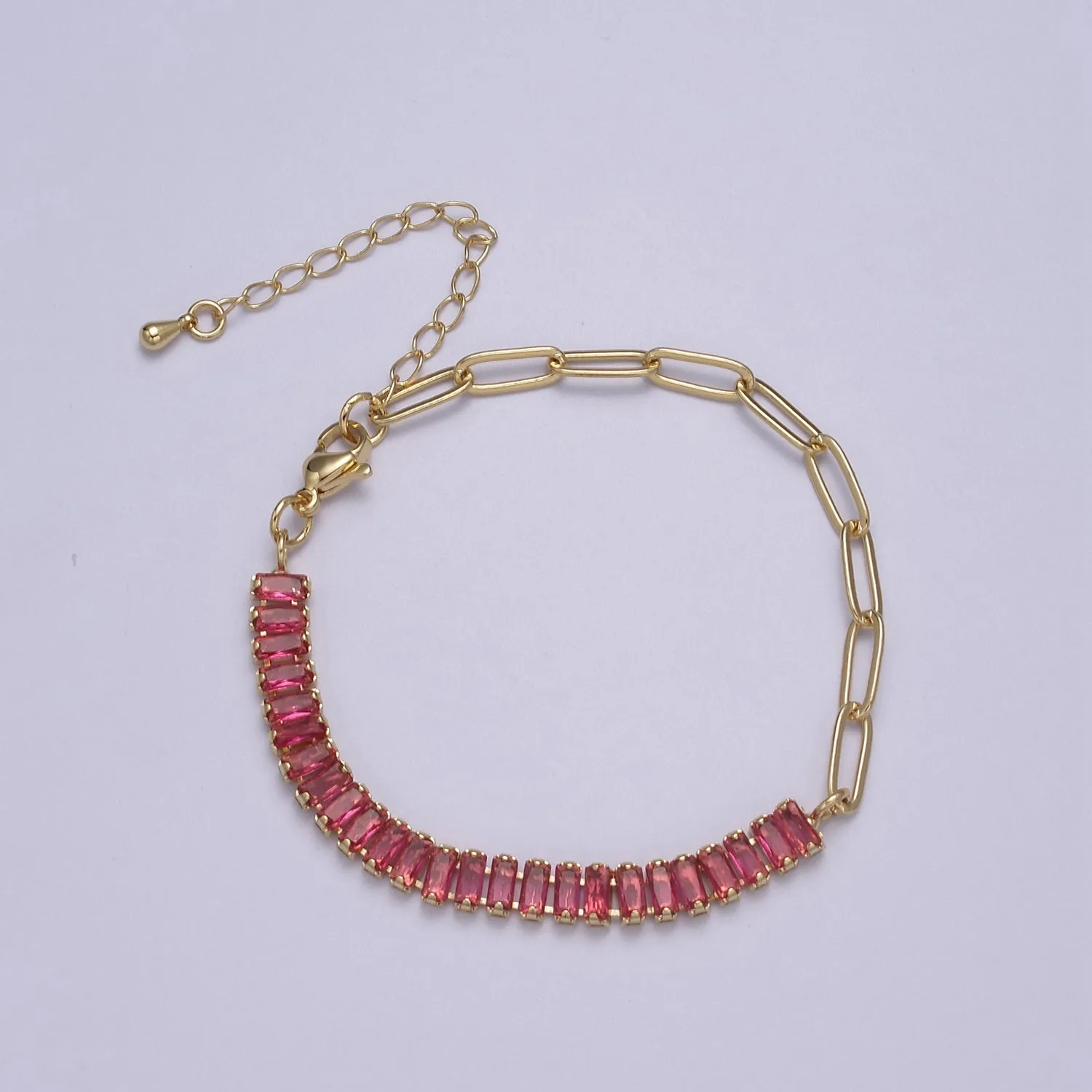 Dainty Half Baguette Tennis Half Paperclip Bracelet Gold Filled Tennis Bracelet, Cubic Zirconia Fusion Bracelet