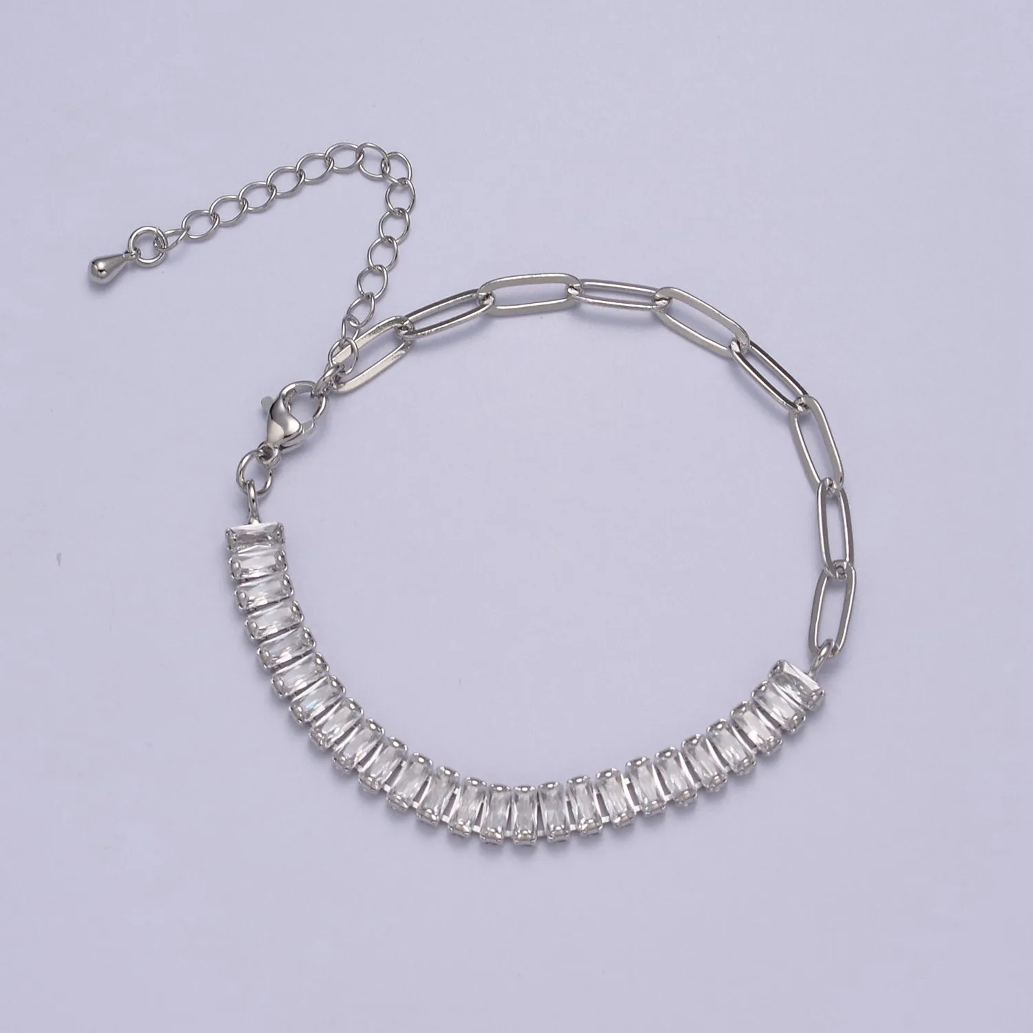 Dainty Half Baguette Tennis Half Paperclip Bracelet Gold Filled Tennis Bracelet, Cubic Zirconia Fusion Bracelet