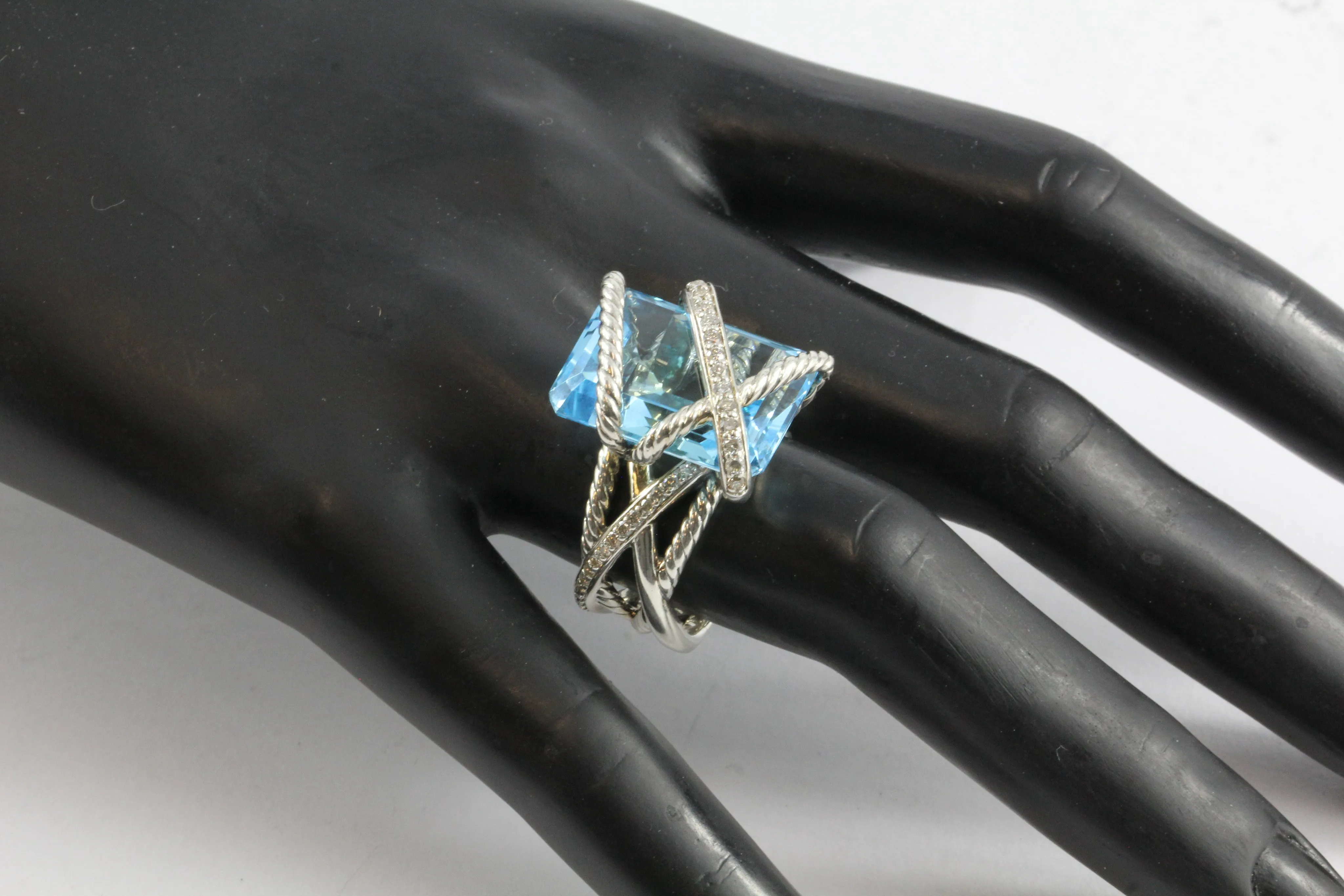 David Yurman Sterling Silver Cable Wrap Blue Topaz & Diamond Ring