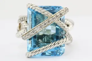 David Yurman Sterling Silver Cable Wrap Blue Topaz & Diamond Ring