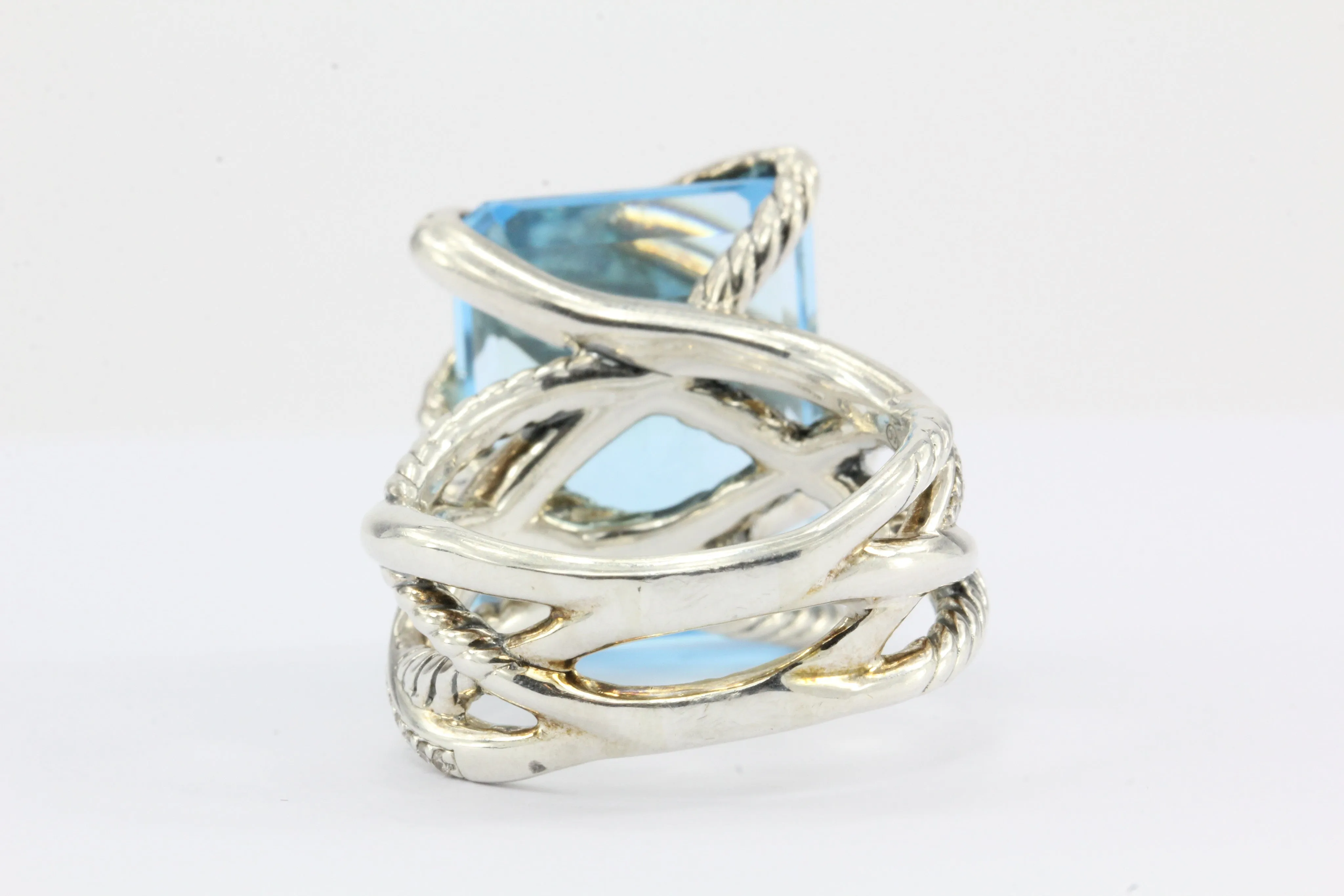 David Yurman Sterling Silver Cable Wrap Blue Topaz & Diamond Ring