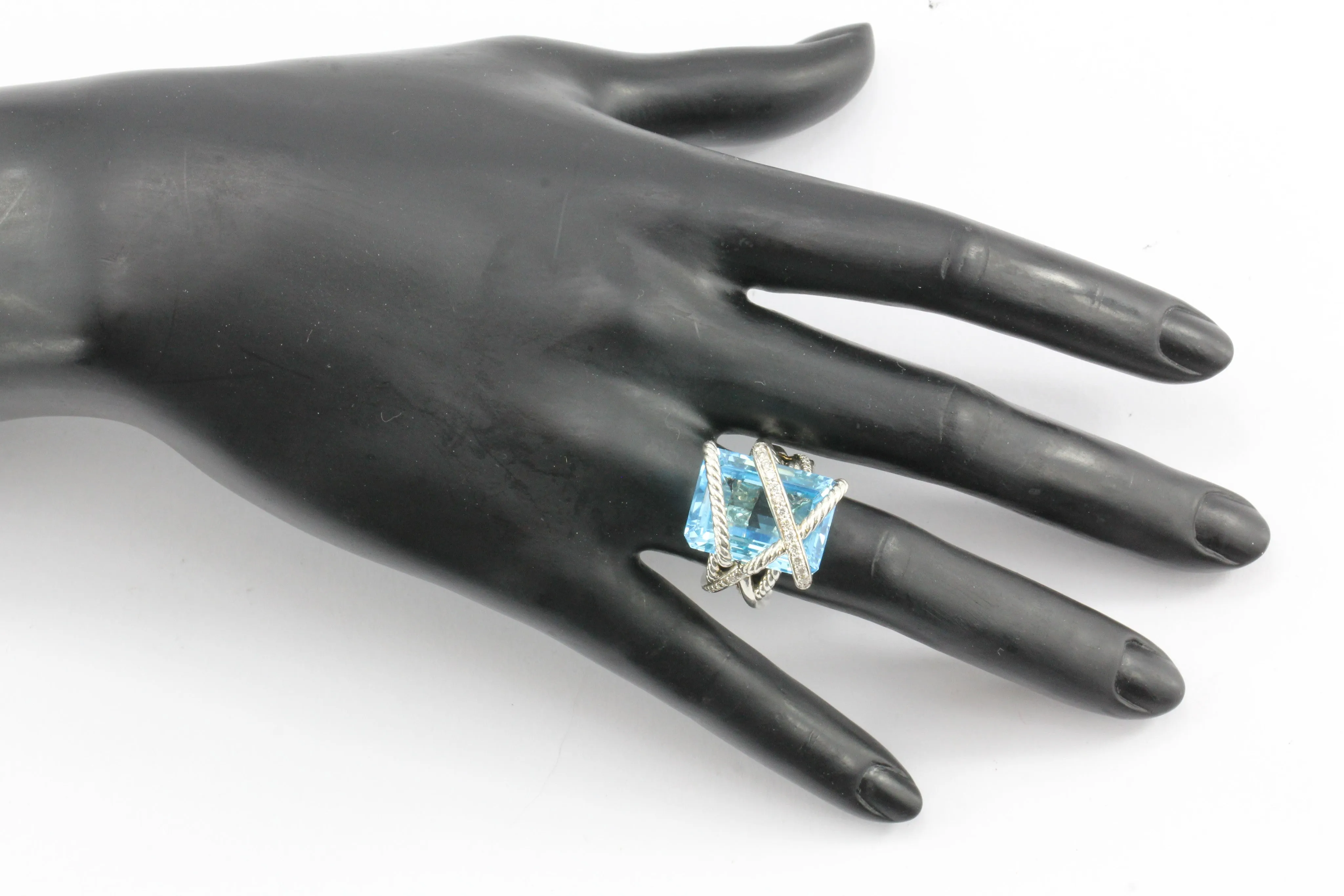 David Yurman Sterling Silver Cable Wrap Blue Topaz & Diamond Ring