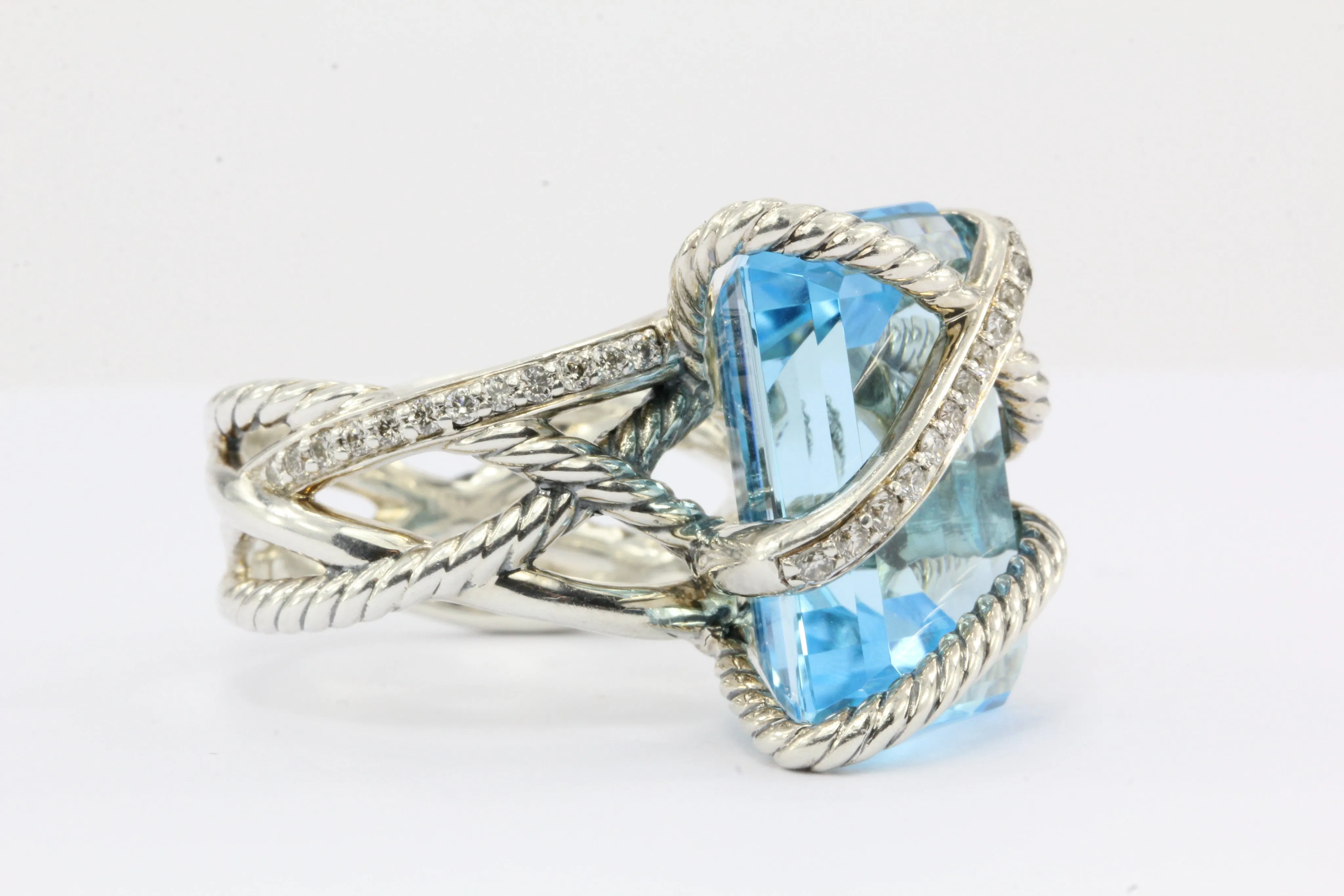 David Yurman Sterling Silver Cable Wrap Blue Topaz & Diamond Ring