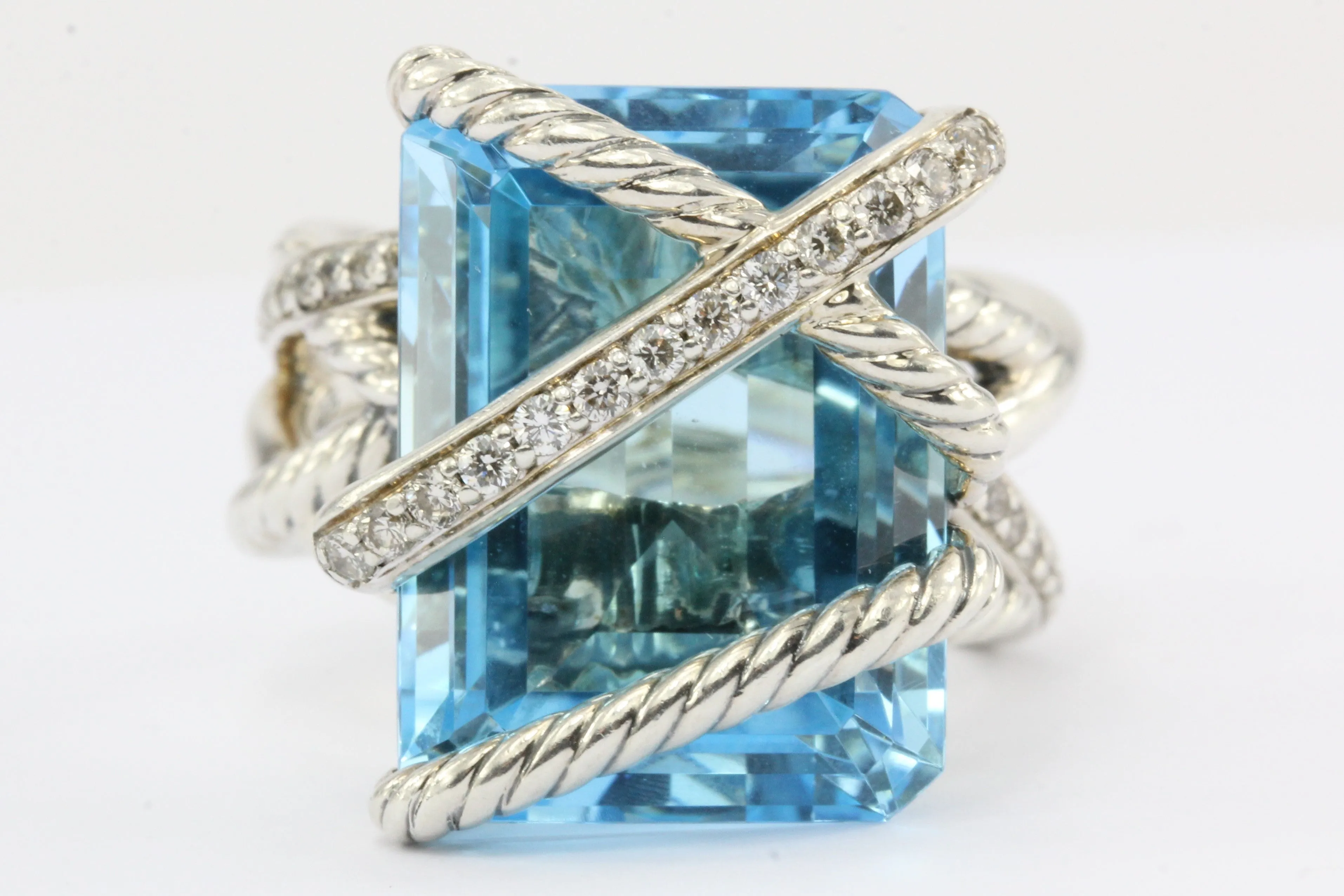 David Yurman Sterling Silver Cable Wrap Blue Topaz & Diamond Ring