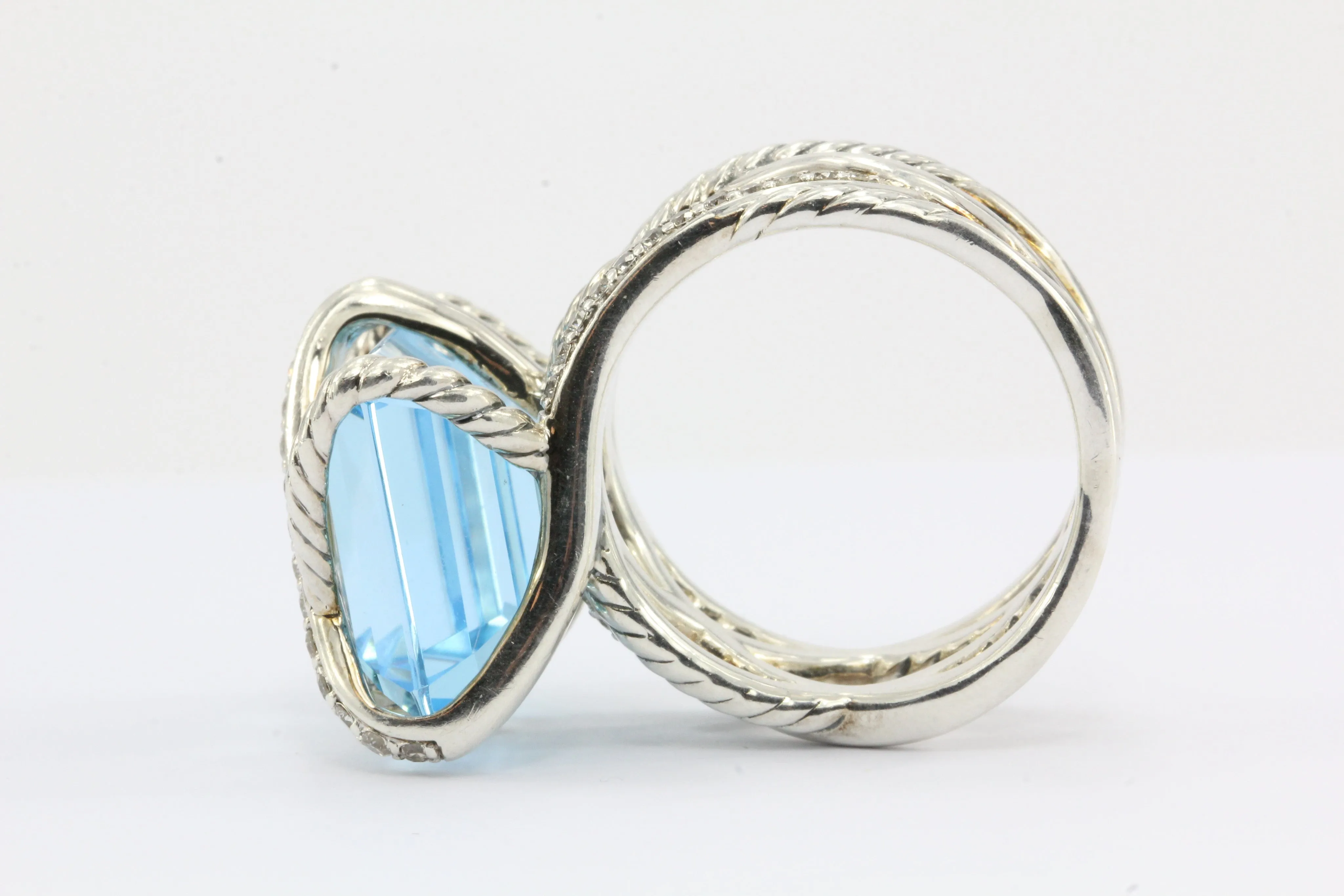 David Yurman Sterling Silver Cable Wrap Blue Topaz & Diamond Ring