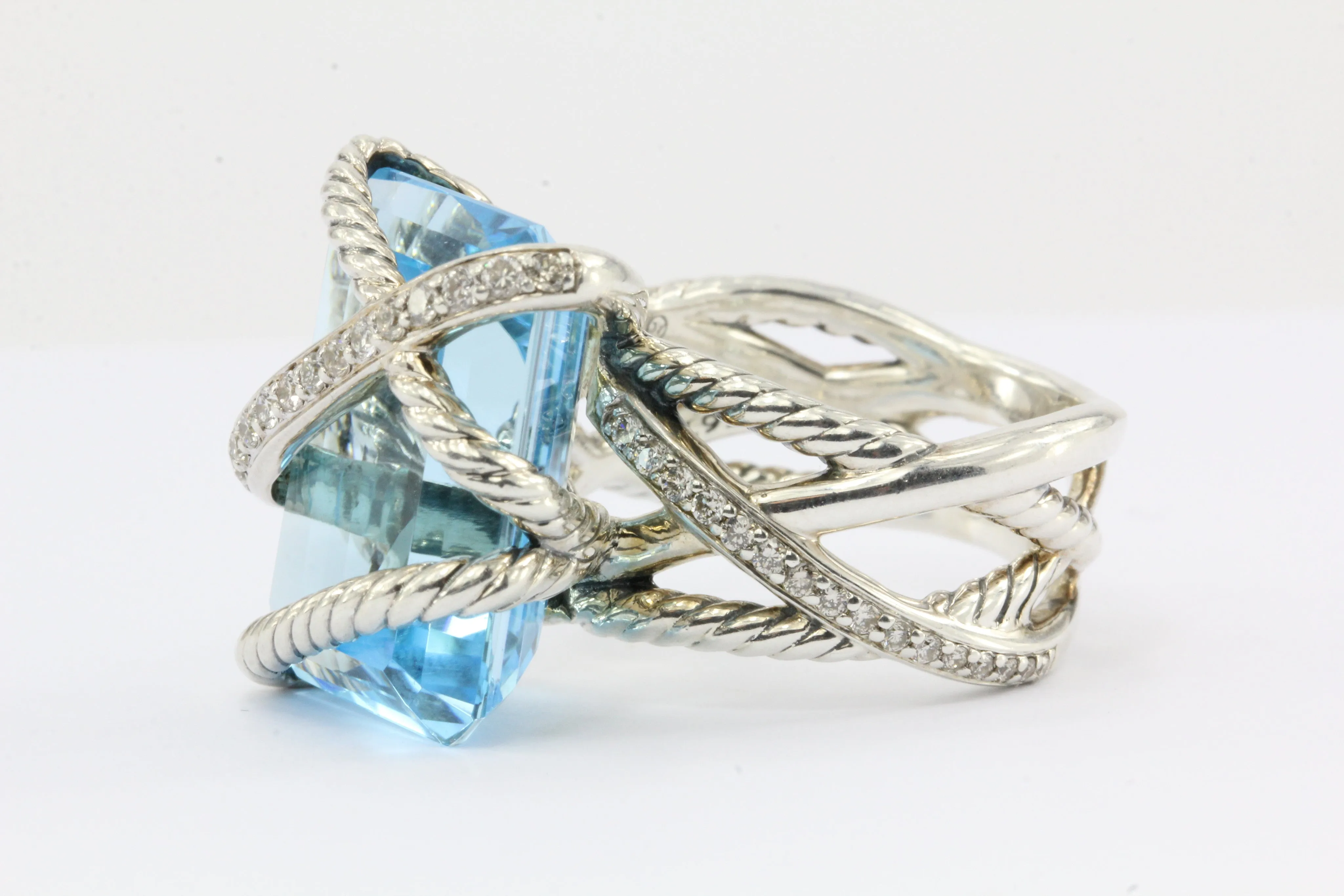 David Yurman Sterling Silver Cable Wrap Blue Topaz & Diamond Ring
