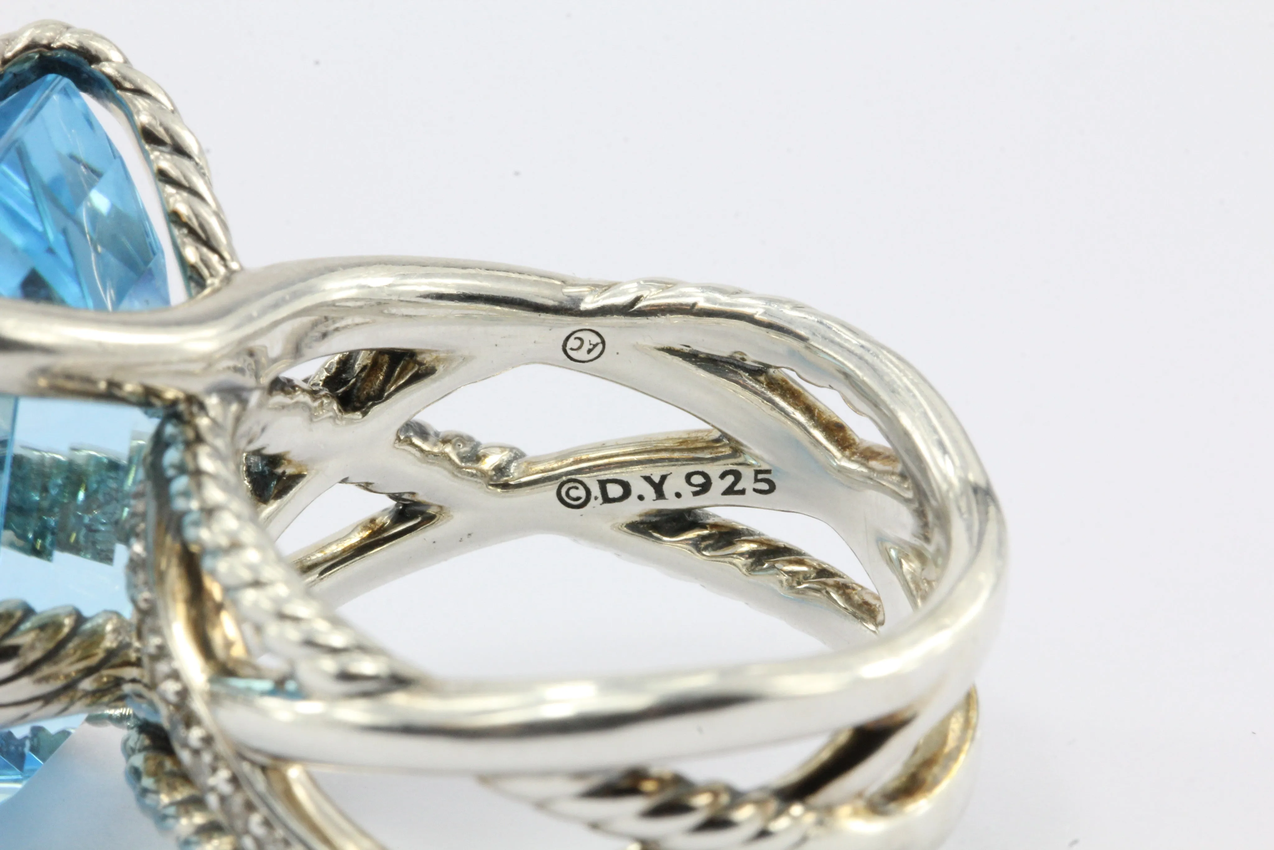 David Yurman Sterling Silver Cable Wrap Blue Topaz & Diamond Ring
