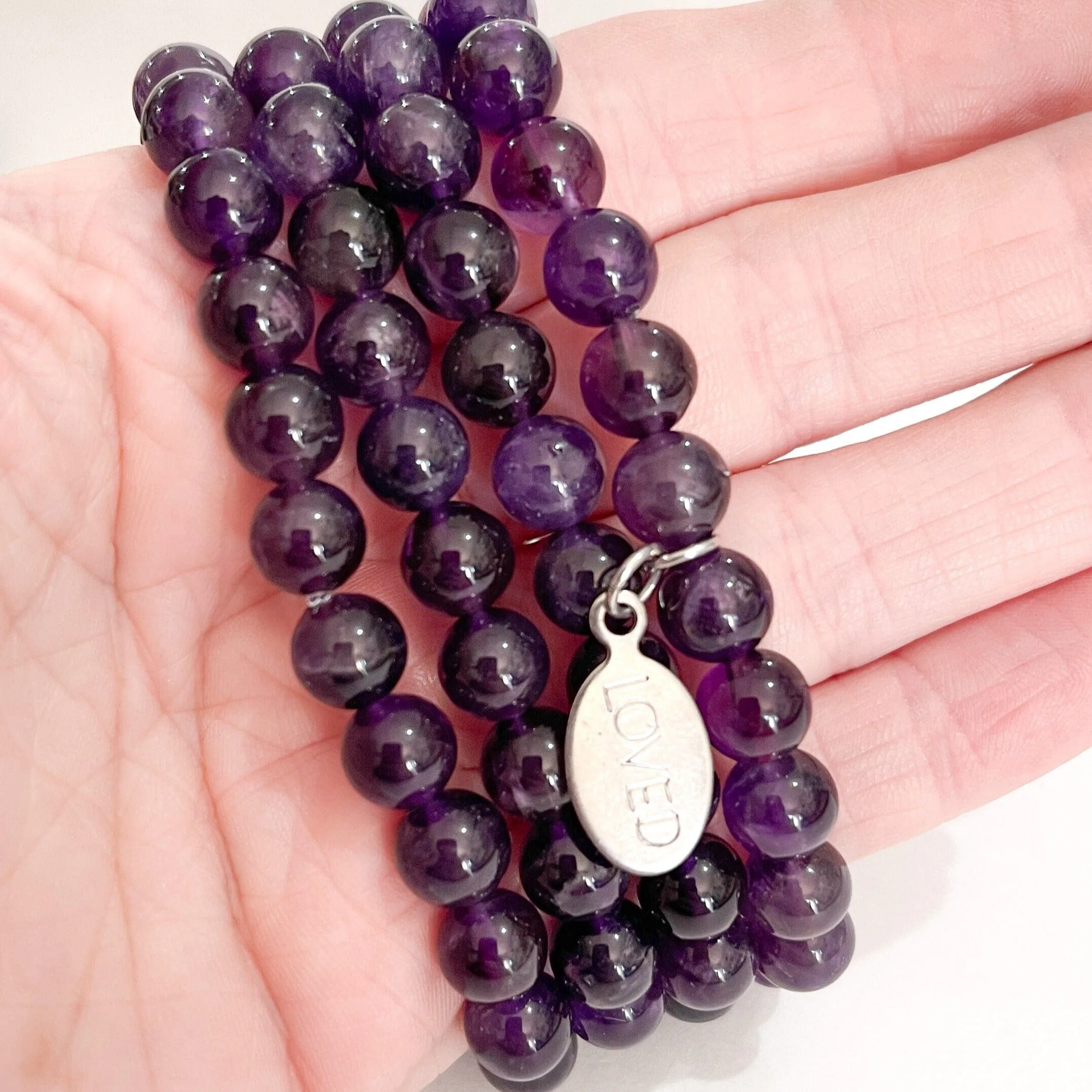 Deep Purple Amethyst Bead Bracelet | LOVED Charm | 8mm | Natural Gemstone | Womens