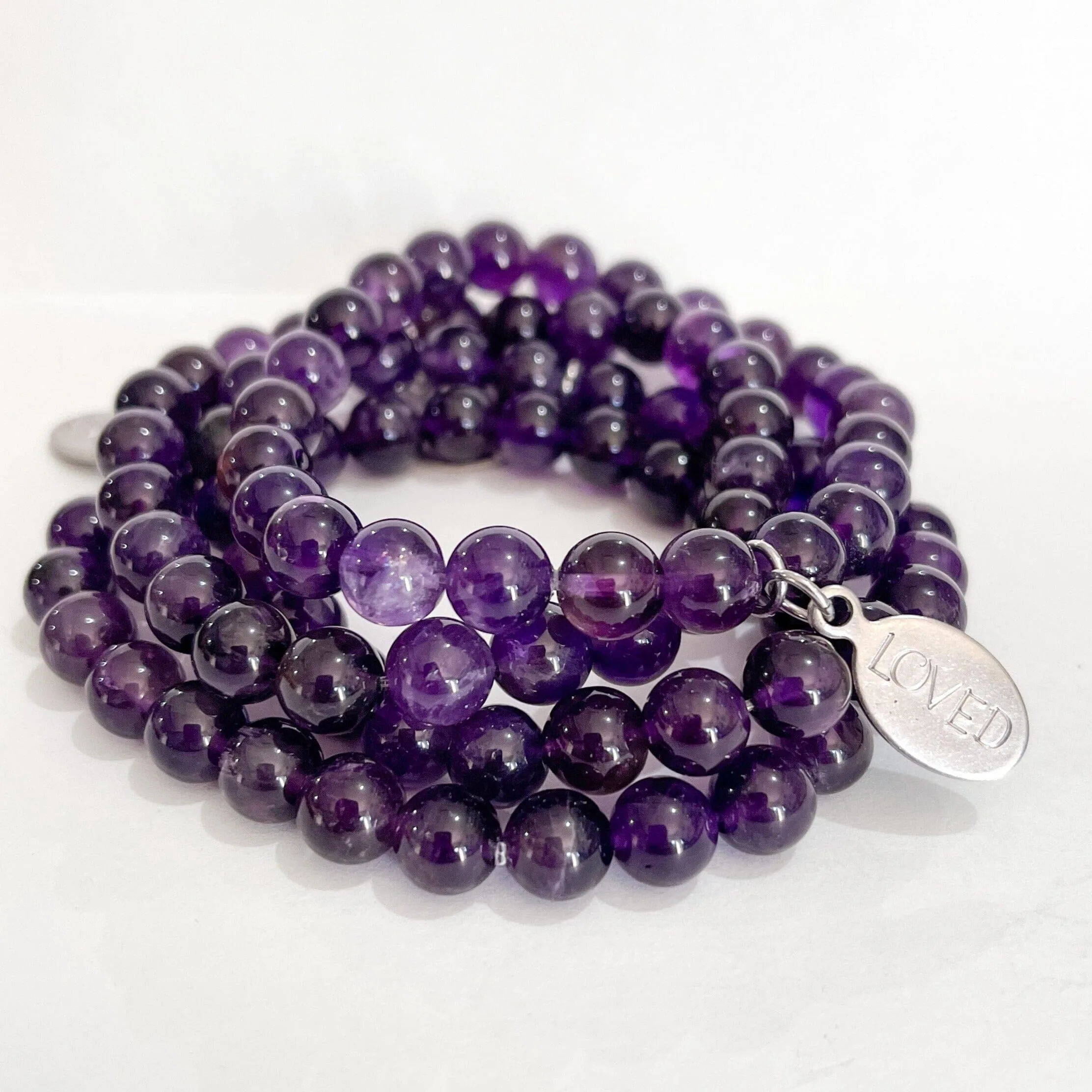 Deep Purple Amethyst Bead Bracelet | LOVED Charm | 8mm | Natural Gemstone | Womens