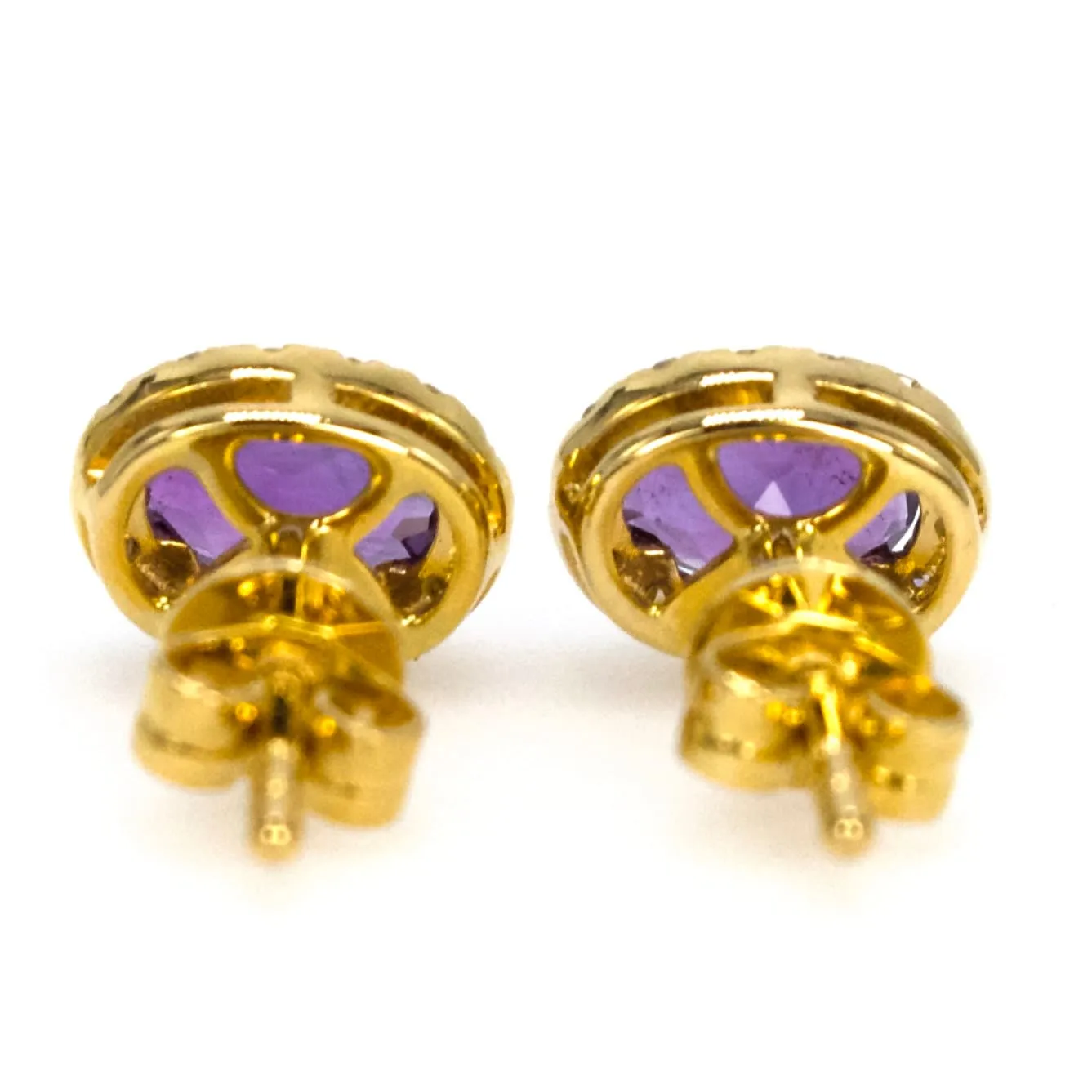 Deep Purple Oval Amethyst Stud Earrings with Diamond Halo in Yellow Gold