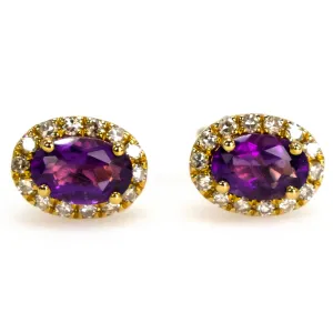 Deep Purple Oval Amethyst Stud Earrings with Diamond Halo in Yellow Gold