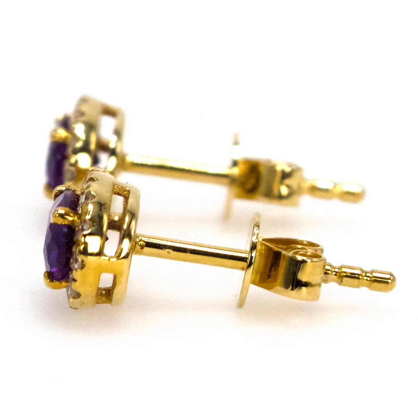 Deep Purple Oval Amethyst Stud Earrings with Diamond Halo in Yellow Gold