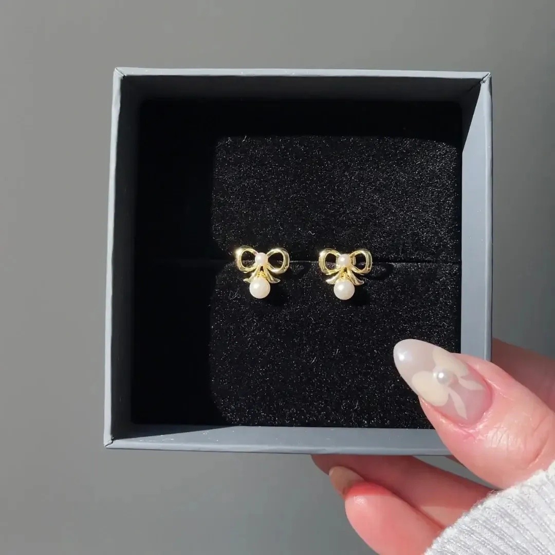 Delicate Bow Pearl Dangle Stud Earrings