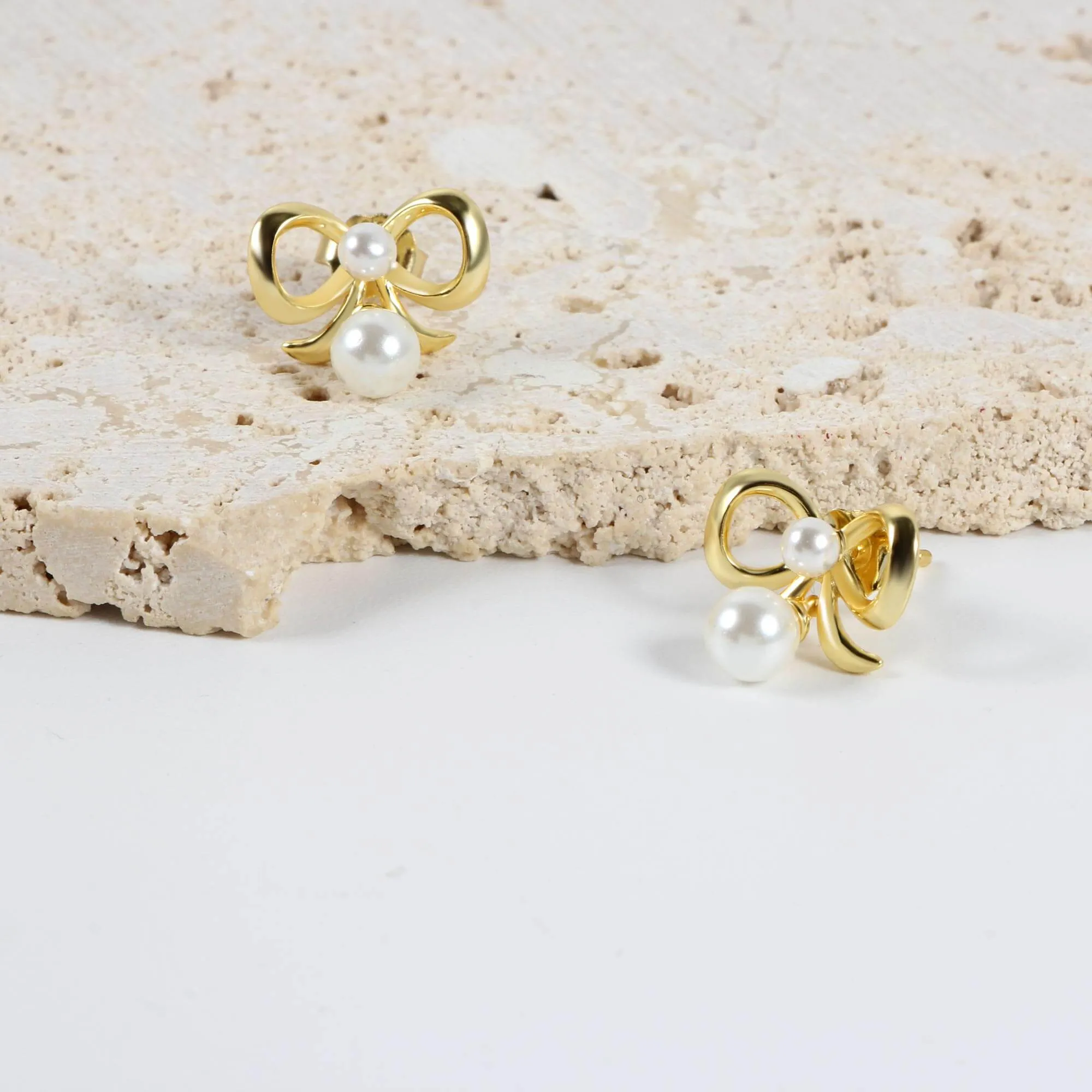 Delicate Bow Pearl Dangle Stud Earrings