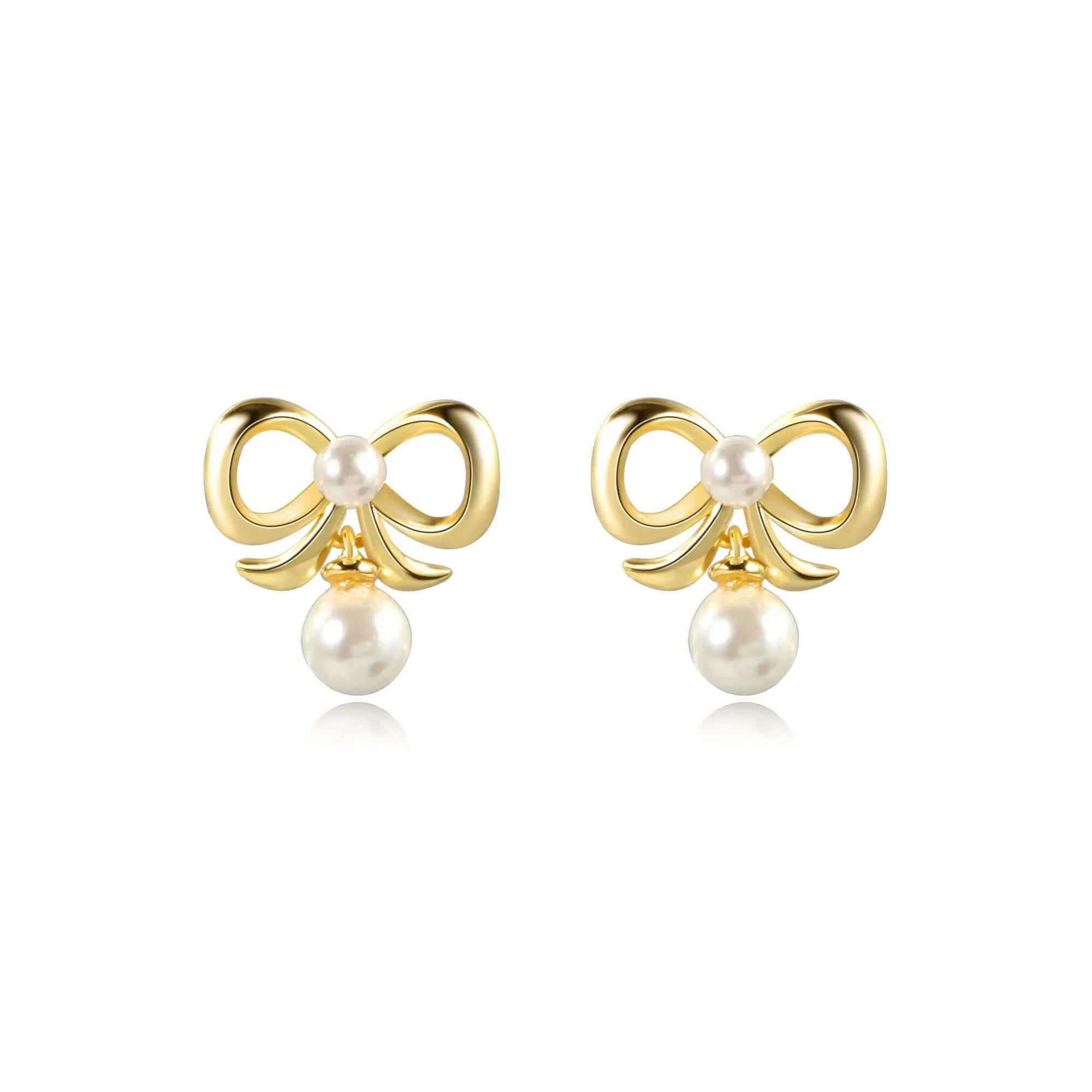 Delicate Bow Pearl Dangle Stud Earrings