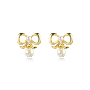 Delicate Bow Pearl Dangle Stud Earrings