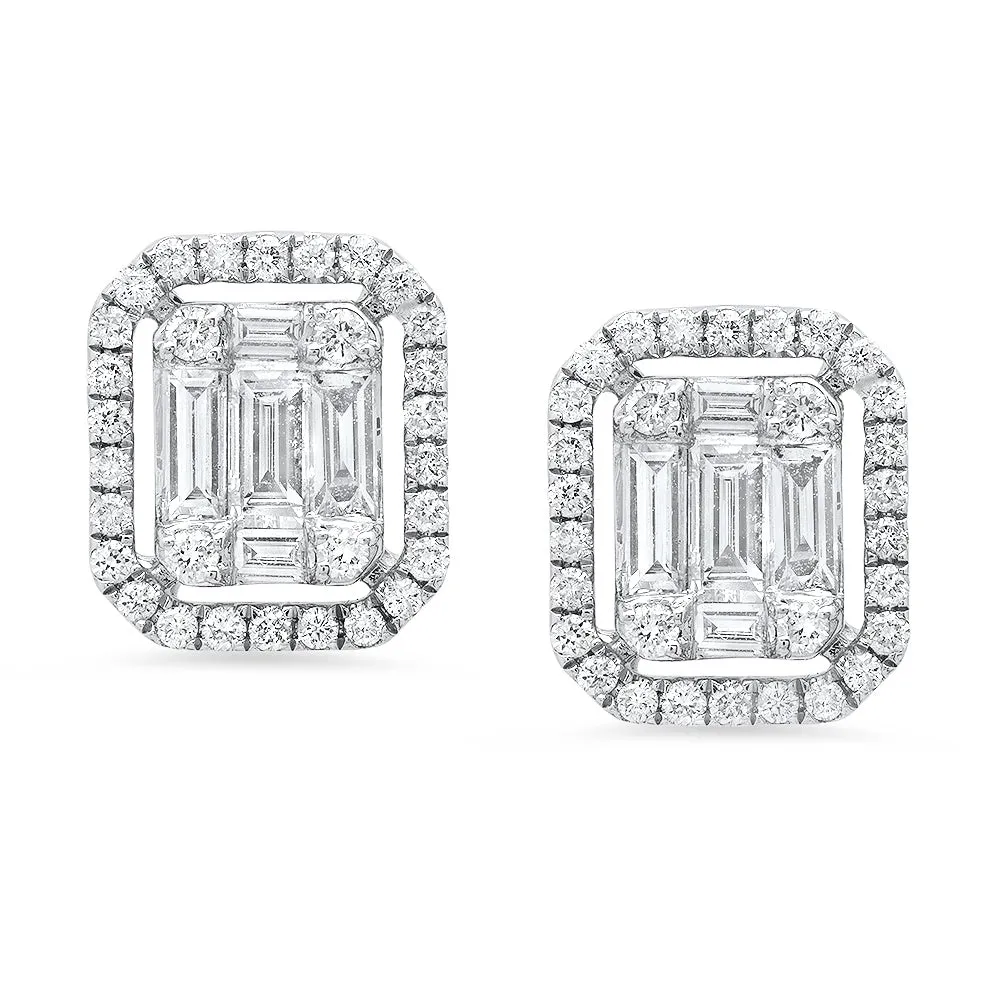 Diamond and Baguette Emerald Halo Stud Earring