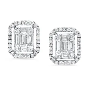 Diamond and Baguette Emerald Halo Stud Earring