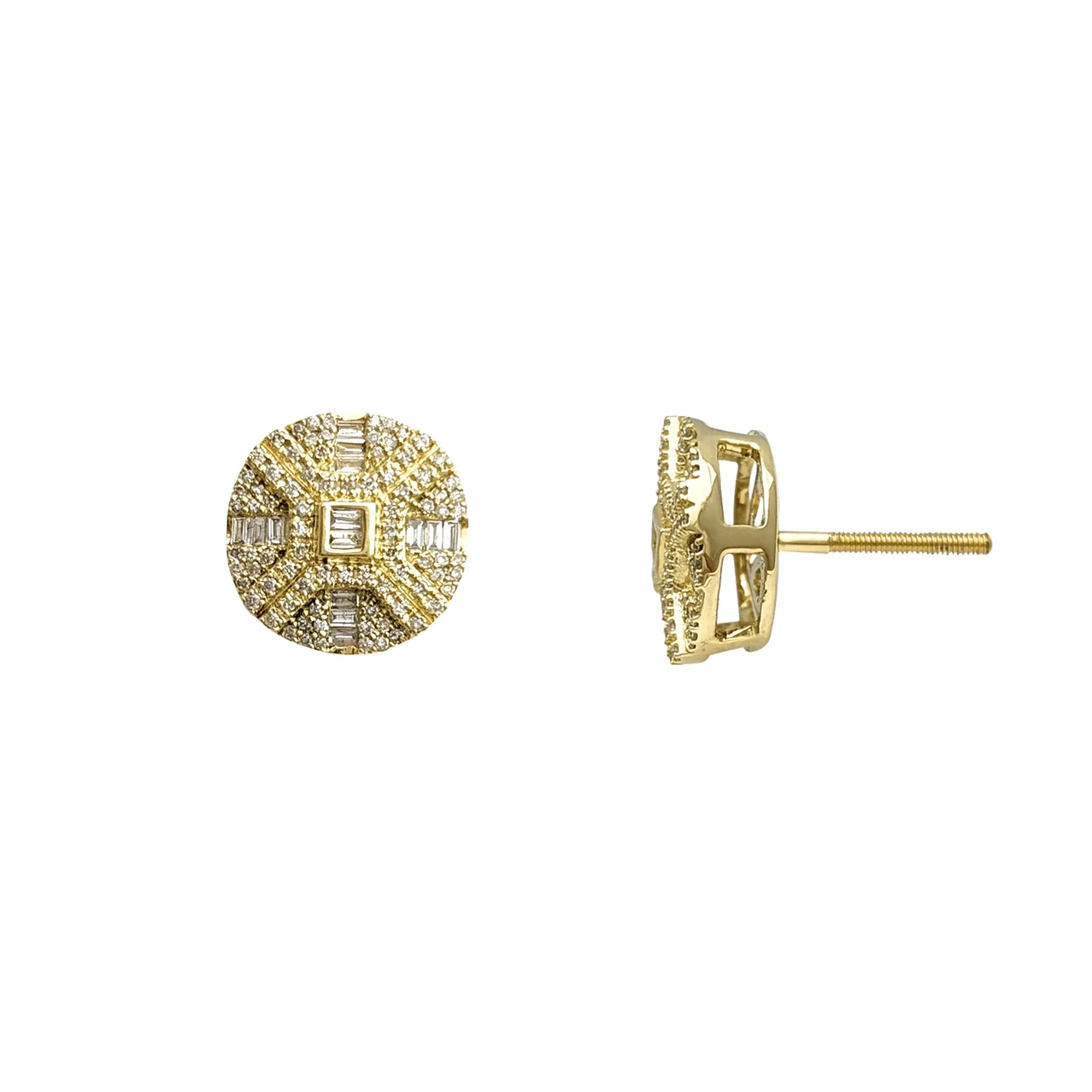 Diamond Iced-Out Bezel Baguette & Round Stud Earrings (14K)