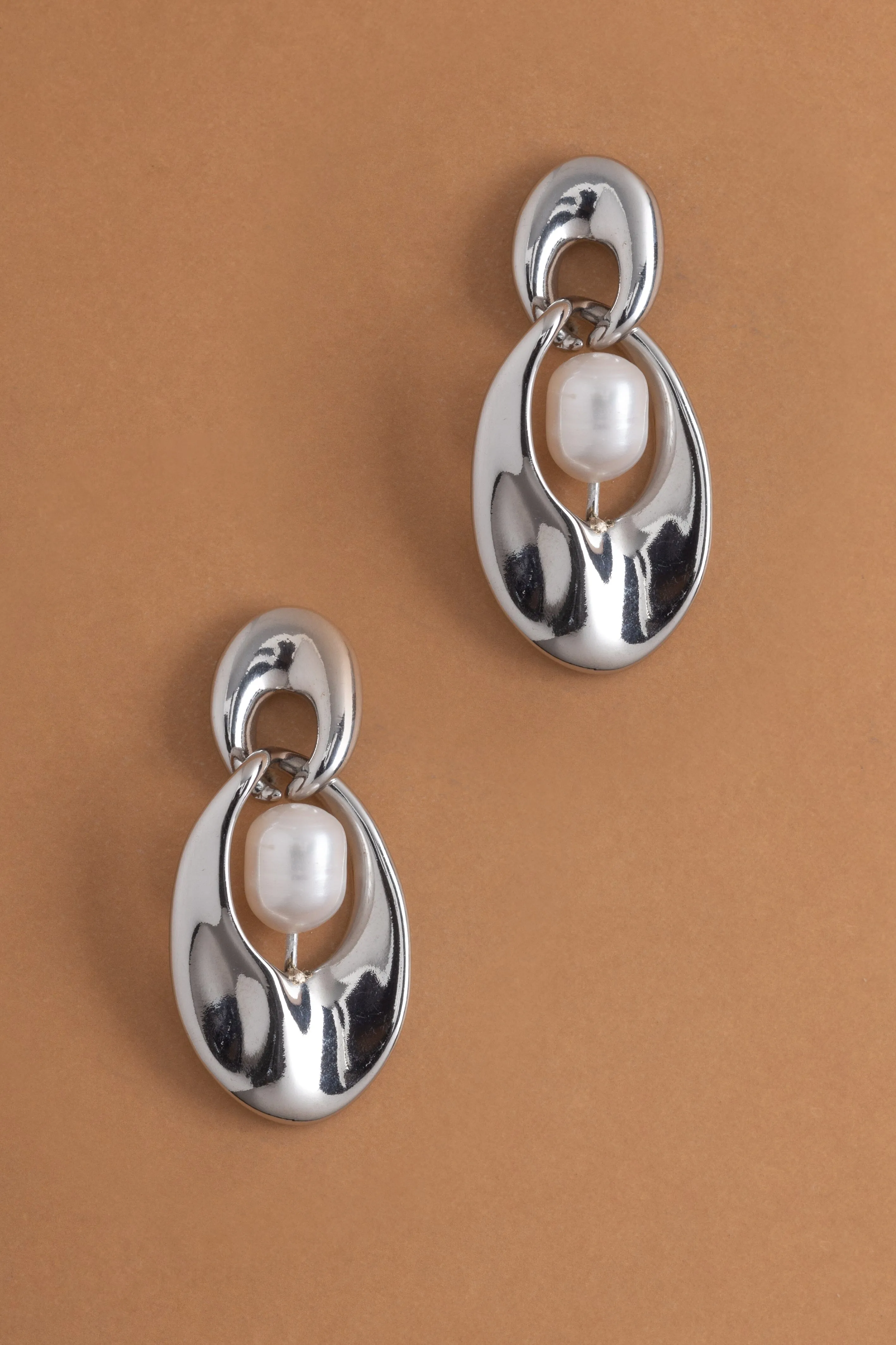 Double Oval Pearl Rhodium Earrings