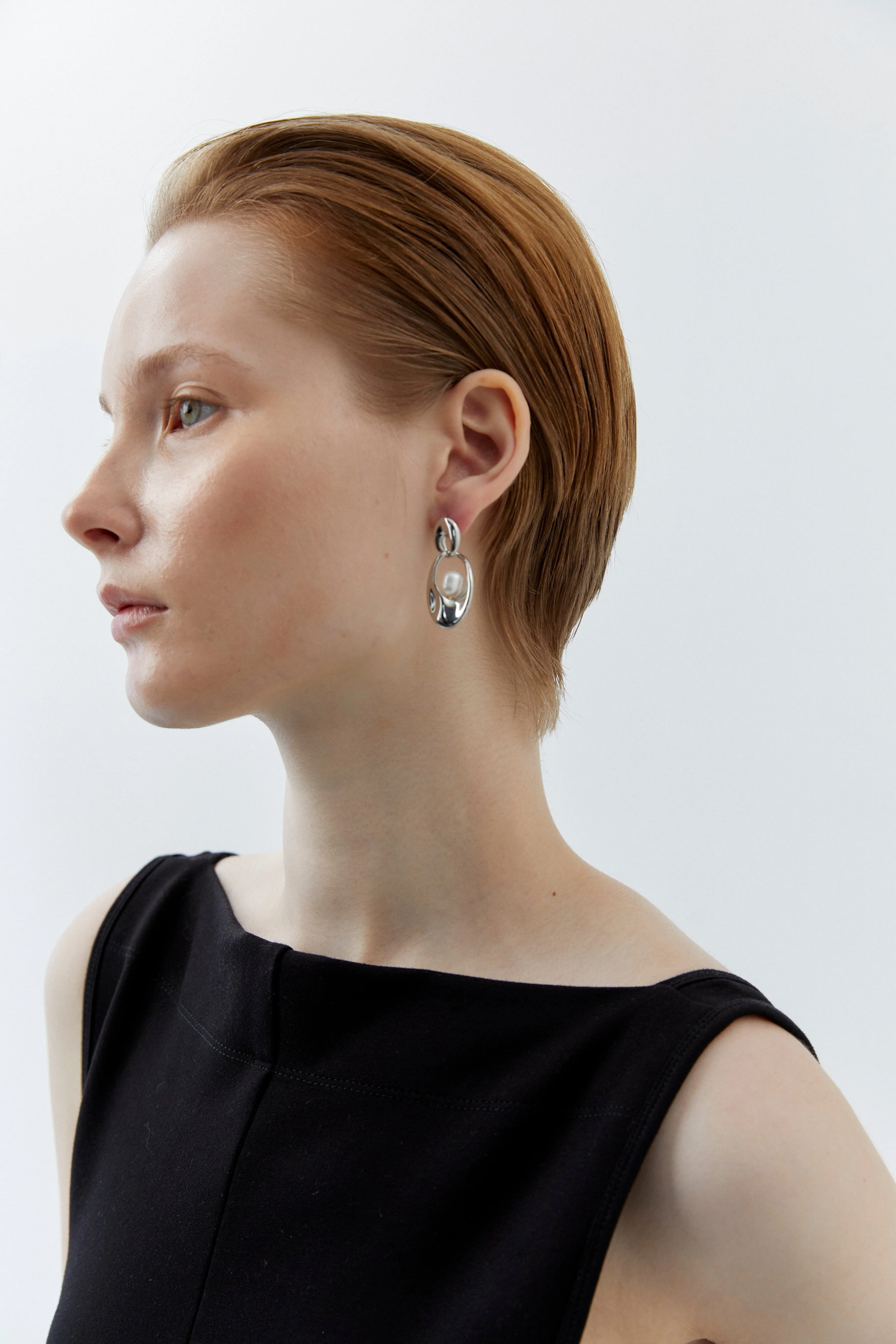 Double Oval Pearl Rhodium Earrings