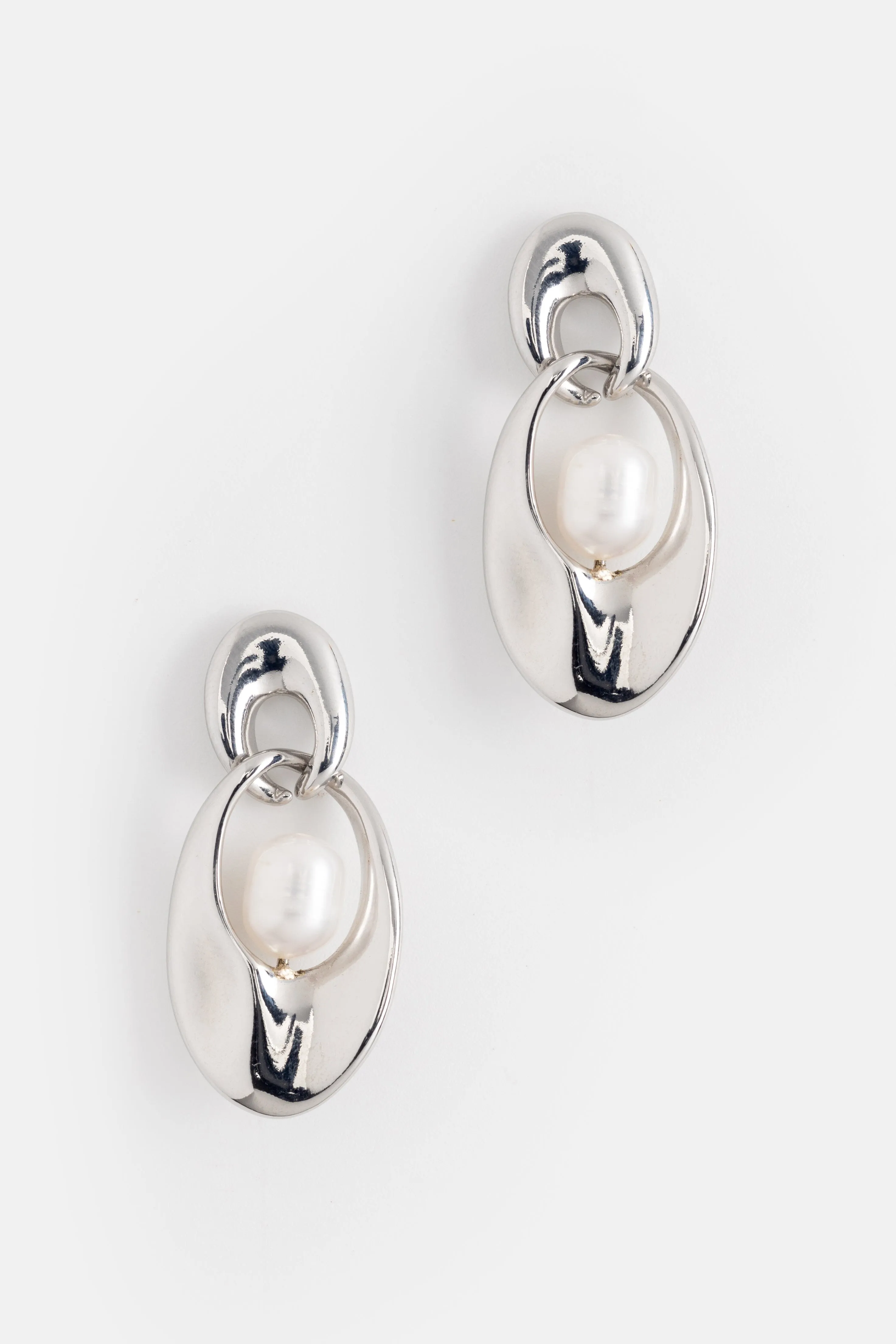 Double Oval Pearl Rhodium Earrings