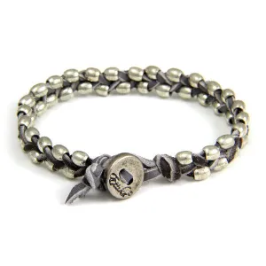 Double Silver Barrel Bead Mens Bracelet on Grey Leather