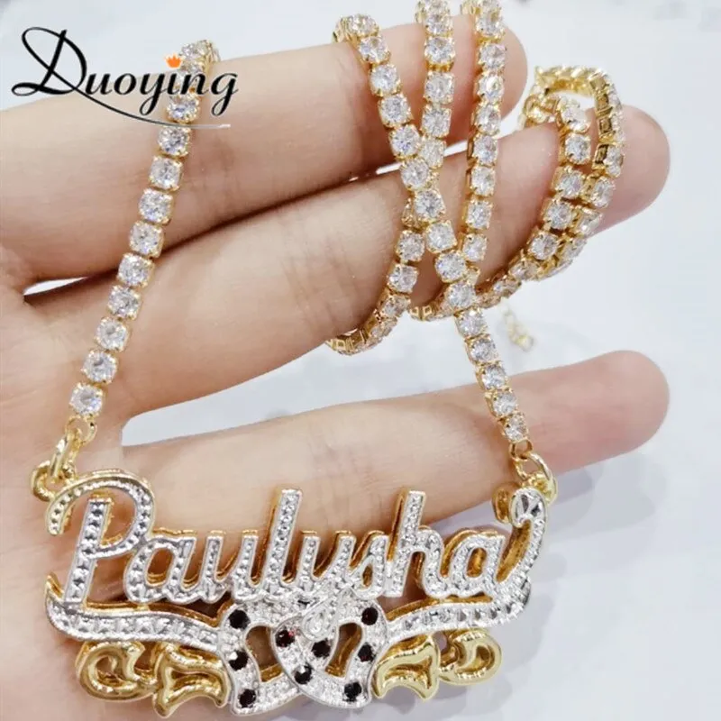 DUOYING Zircon Custom Necklace Double Gold plated Nameplate 3D Necklace Personalized Necklaces Choker Women Name Necklace Gift