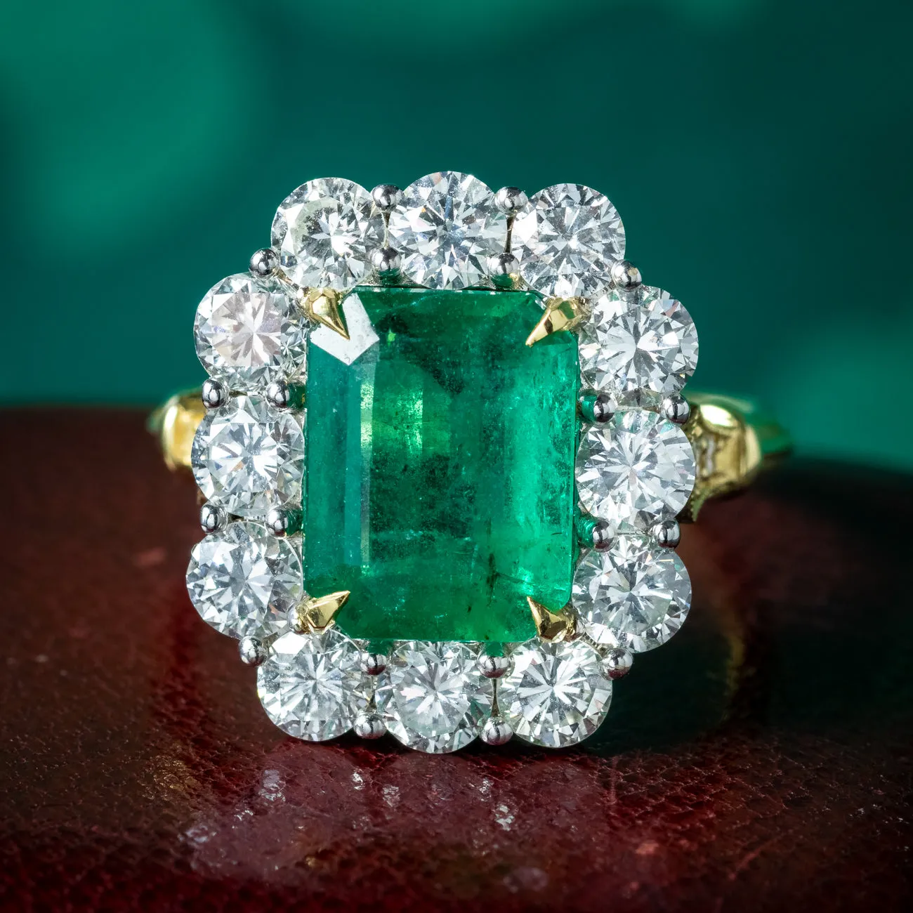 Edwardian Style Emerald Diamond Cluster Ring 3.03ct Emerald