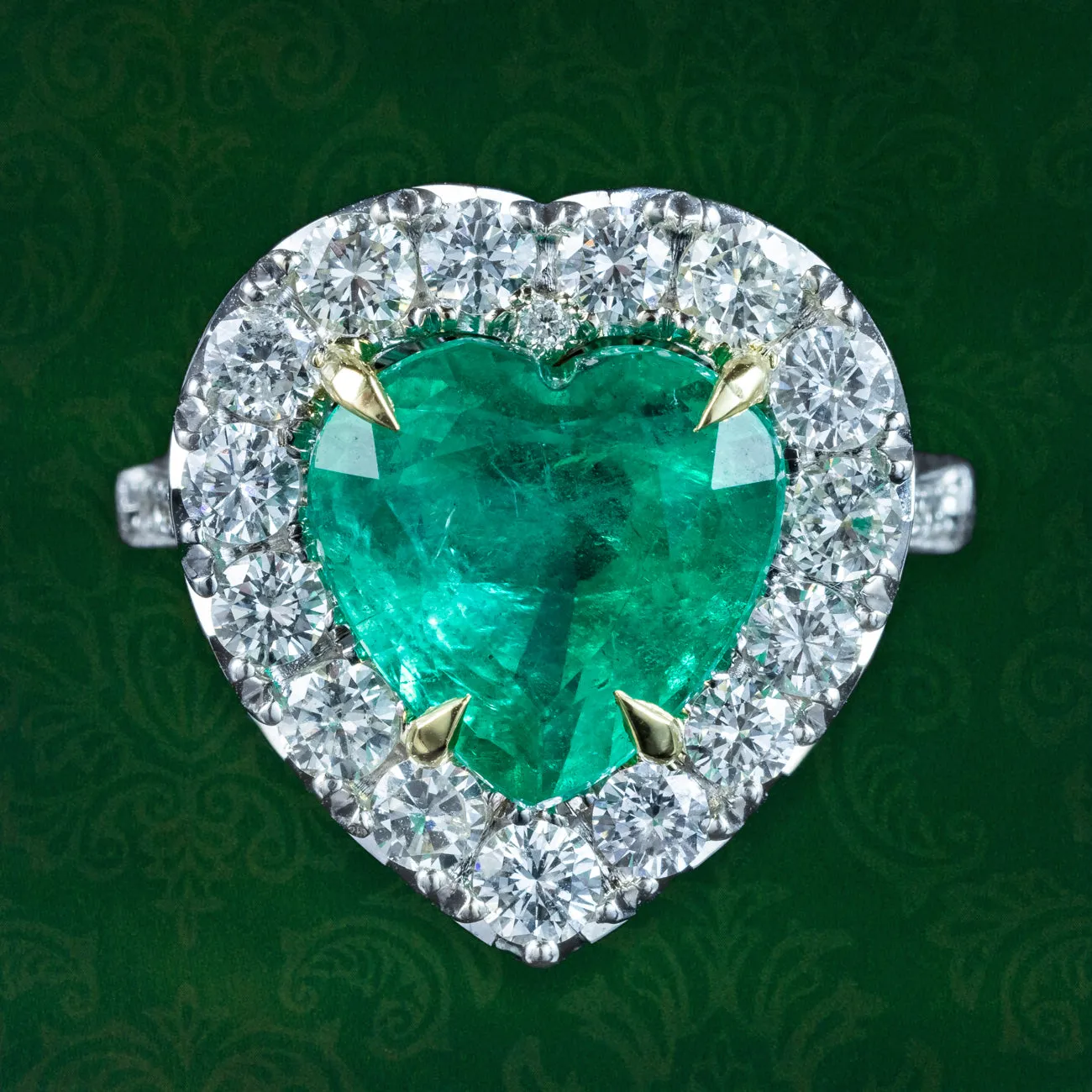 Edwardian Style Emerald Diamond Heart Ring 3.90ct Emerald