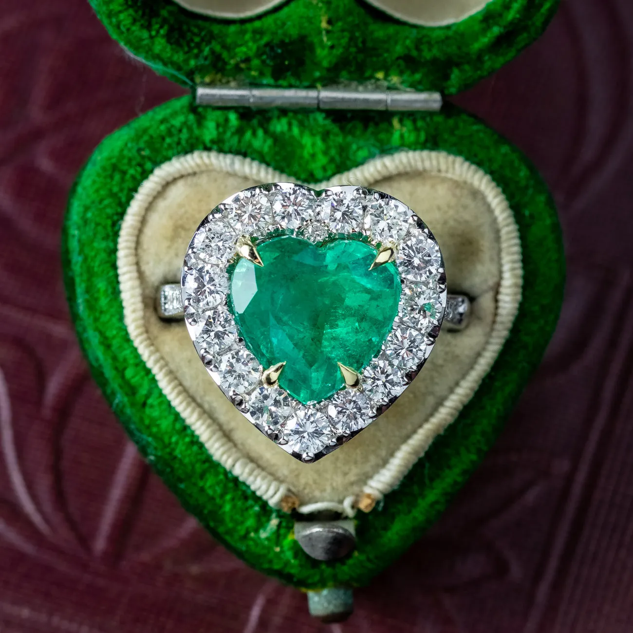 Edwardian Style Emerald Diamond Heart Ring 3.90ct Emerald