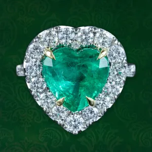Edwardian Style Emerald Diamond Heart Ring 3.90ct Emerald