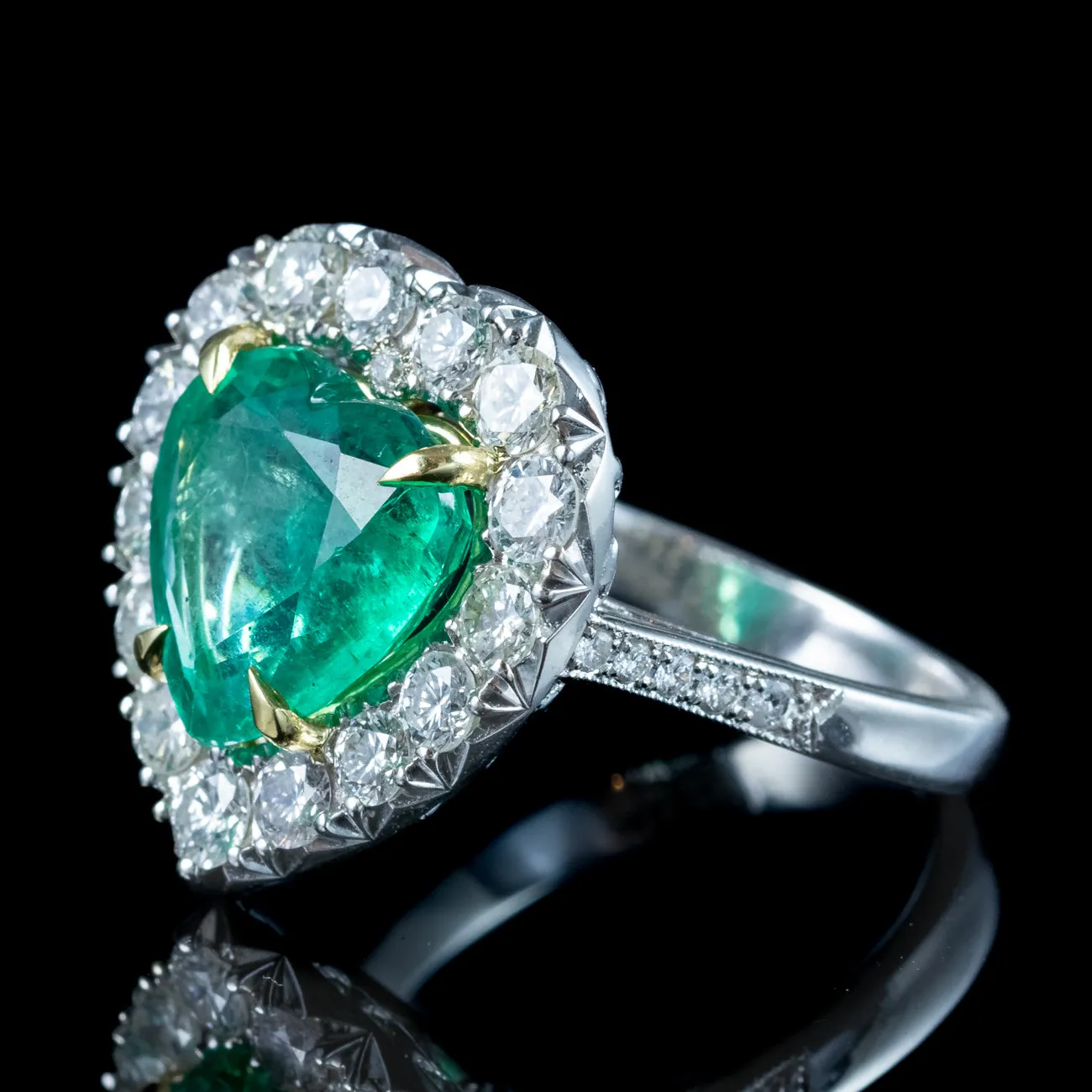 Edwardian Style Emerald Diamond Heart Ring 3.90ct Emerald