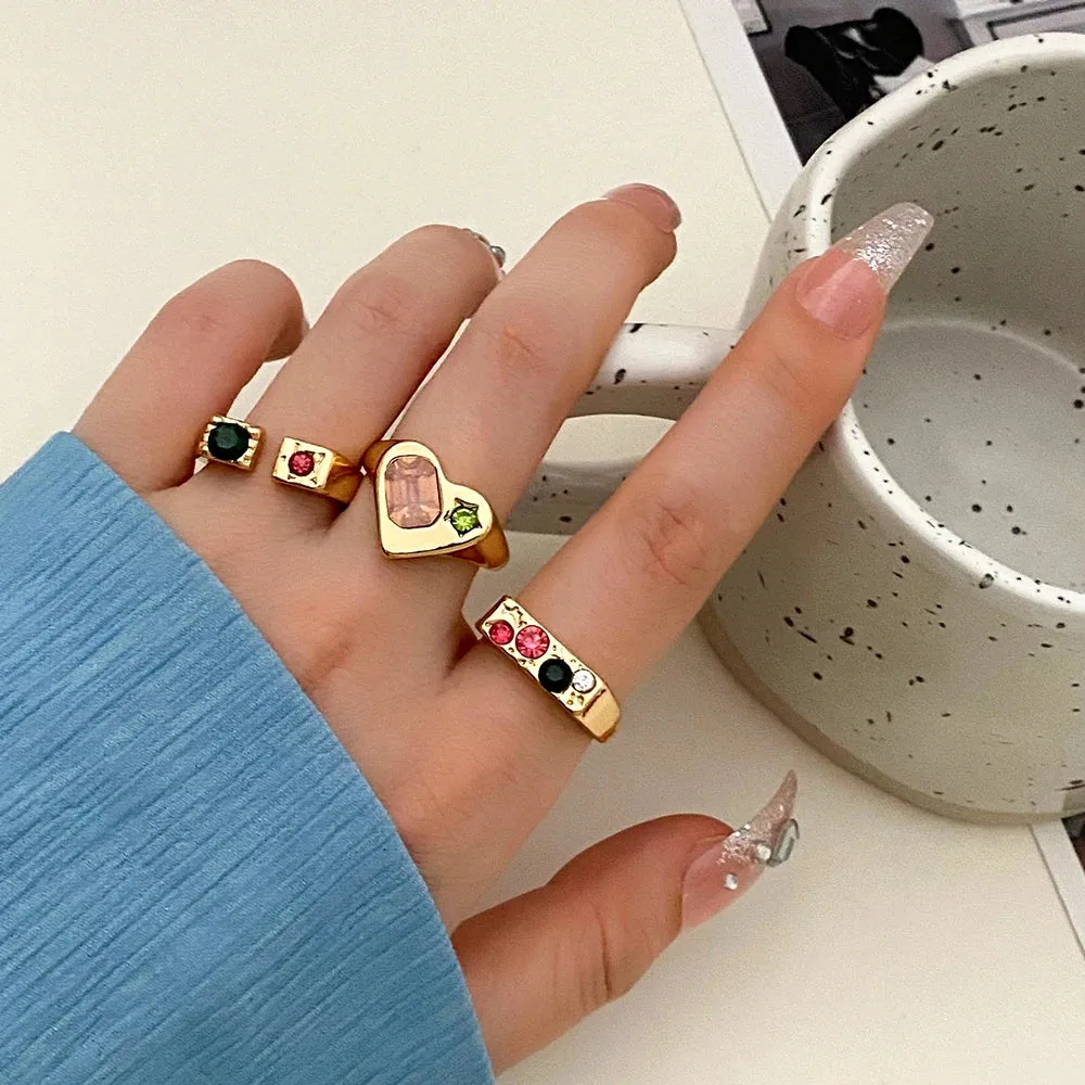 Elegant Emerald White Rings Set for Women Vintage Crystal Geometric Finger Ring Fashion Jewelry