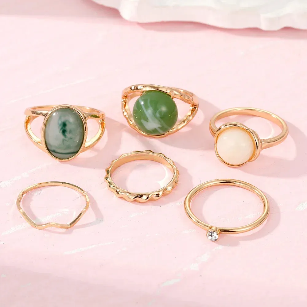 Elegant Emerald White Rings Set for Women Vintage Crystal Geometric Finger Ring Fashion Jewelry