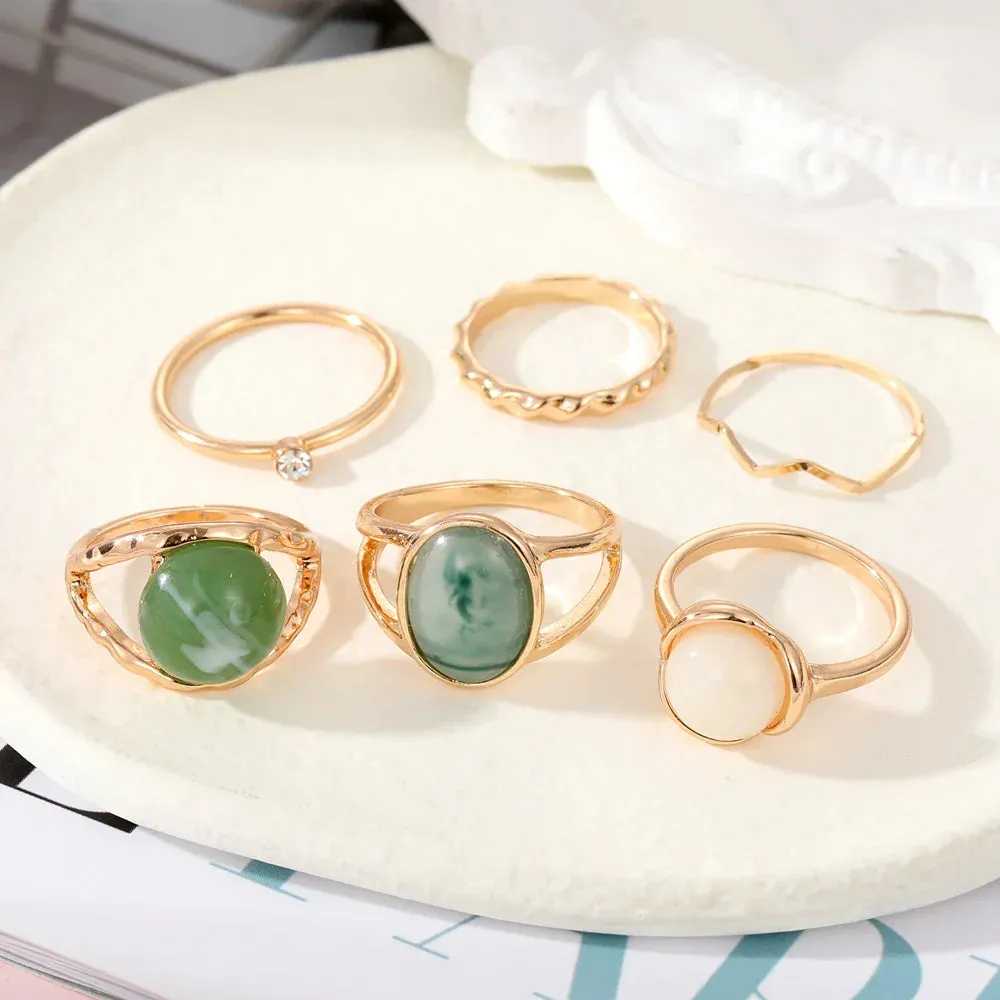 Elegant Emerald White Rings Set for Women Vintage Crystal Geometric Finger Ring Fashion Jewelry