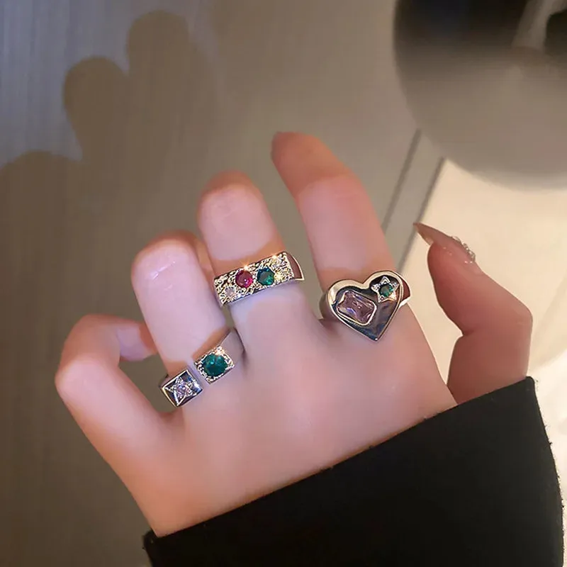 Elegant Emerald White Rings Set for Women Vintage Crystal Geometric Finger Ring Fashion Jewelry