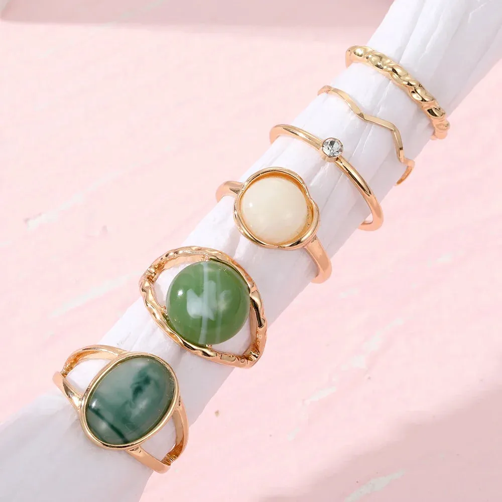 Elegant Emerald White Rings Set for Women Vintage Crystal Geometric Finger Ring Fashion Jewelry