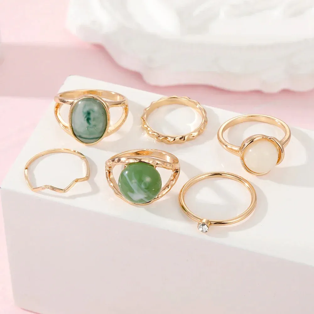 Elegant Emerald White Rings Set for Women Vintage Crystal Geometric Finger Ring Fashion Jewelry