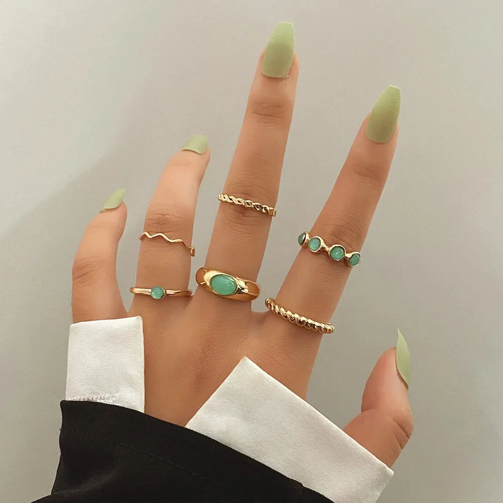 Elegant Emerald White Rings Set for Women Vintage Crystal Geometric Finger Ring Fashion Jewelry