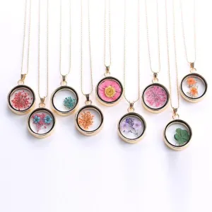 Elegant Popular Korean Round Pendant Luxury Necklace Women Long Gold Bead Chain Colorful Specimen Dried Flower Necklace Jewelry For Girls