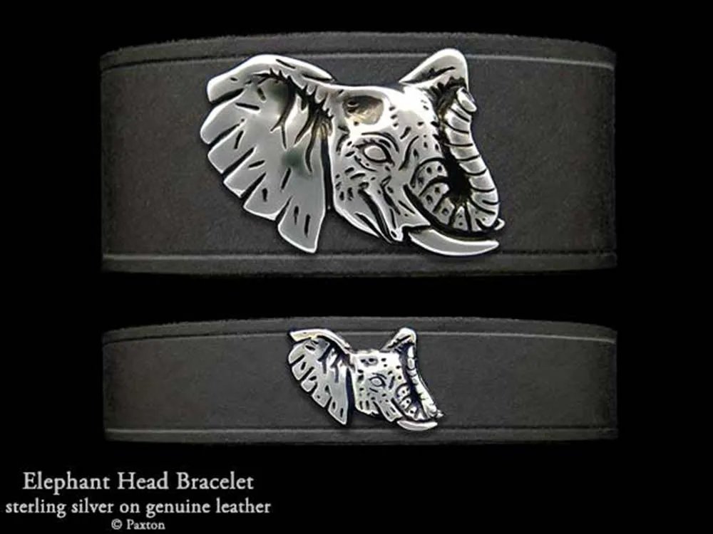 Elephant Head Bracelet Sterling Silver on Genuine Leather
