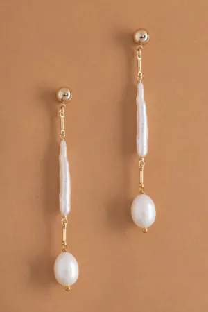 Elongated White Pearl Drop Earrings