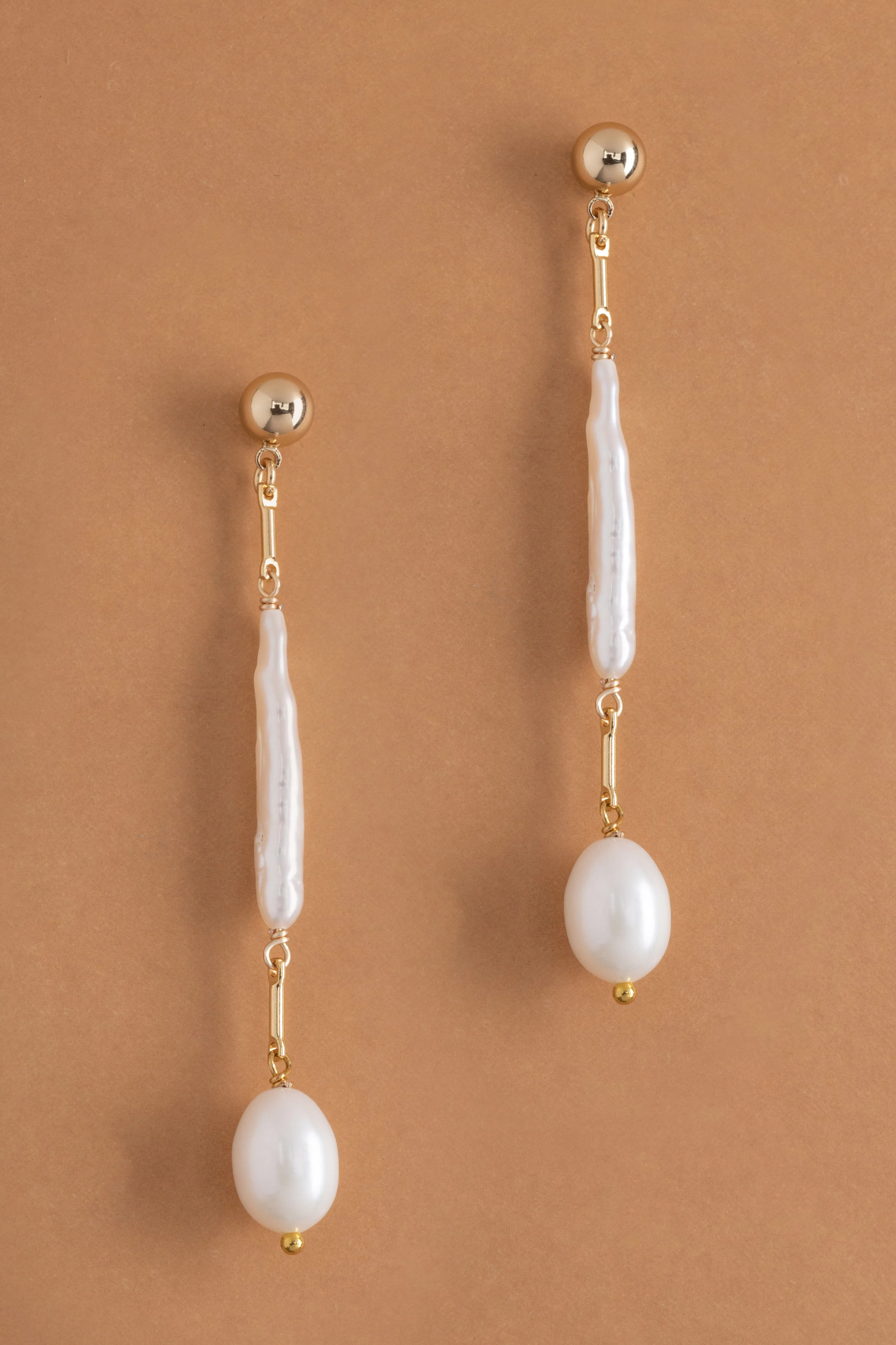 Elongated White Pearl Drop Earrings