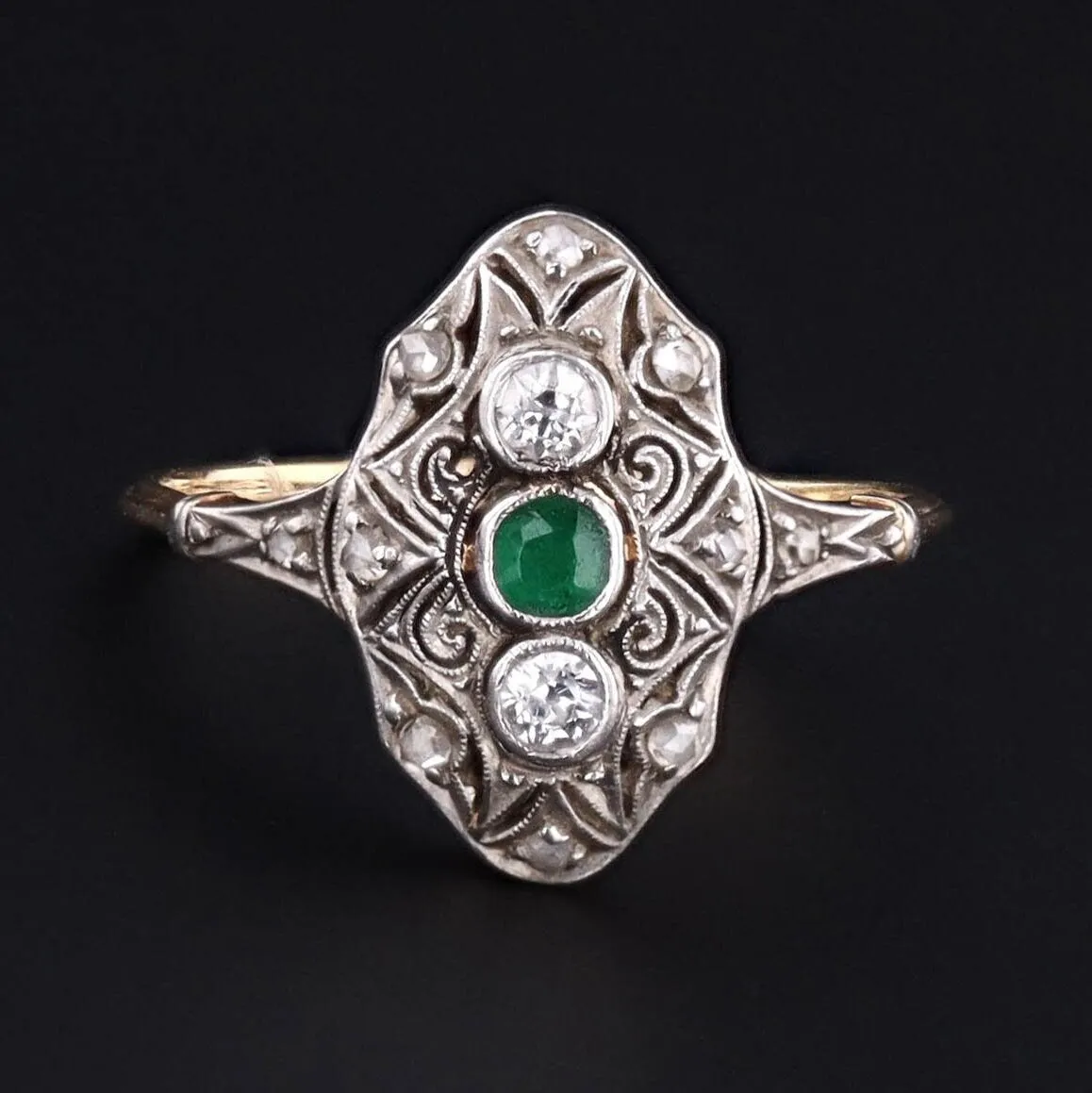 Emerald and Diamond Ring | Platinum Topped 14k Gold Ring