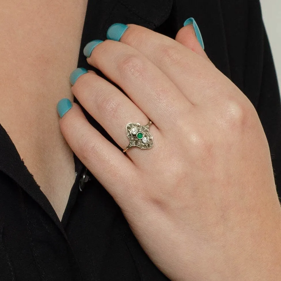Emerald and Diamond Ring | Platinum Topped 14k Gold Ring