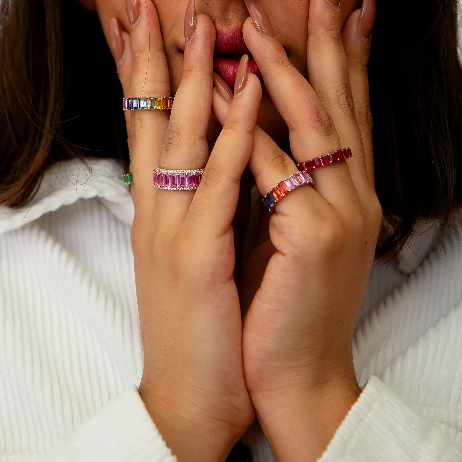 Emerald cut Red Ruby half eternity Band